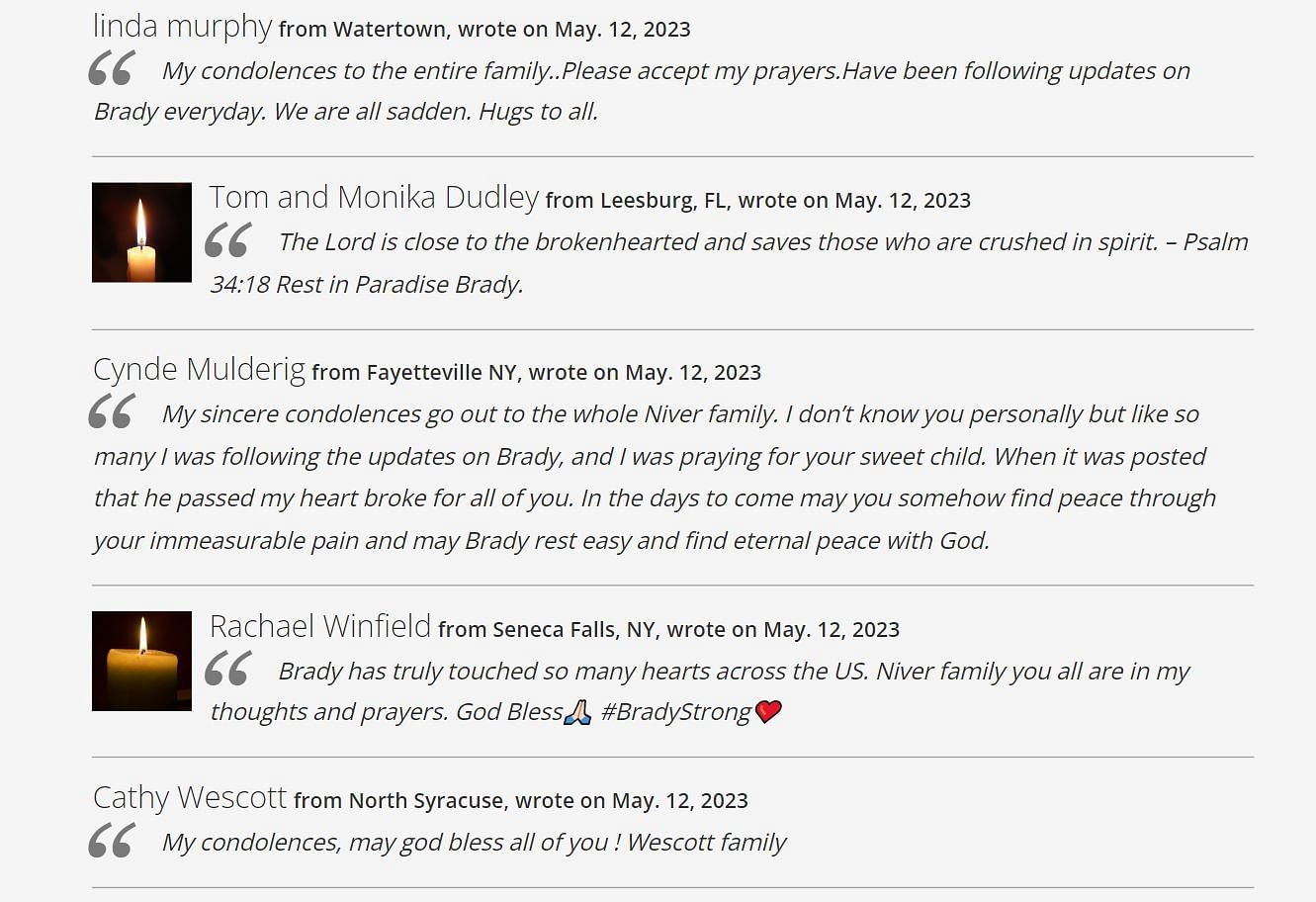 Brady Niver&#039;s guestbook from Foster Funeral Home is full of condolences from loved ones and the people who followed his story from afar (Image via fosterfuneralhome.com)