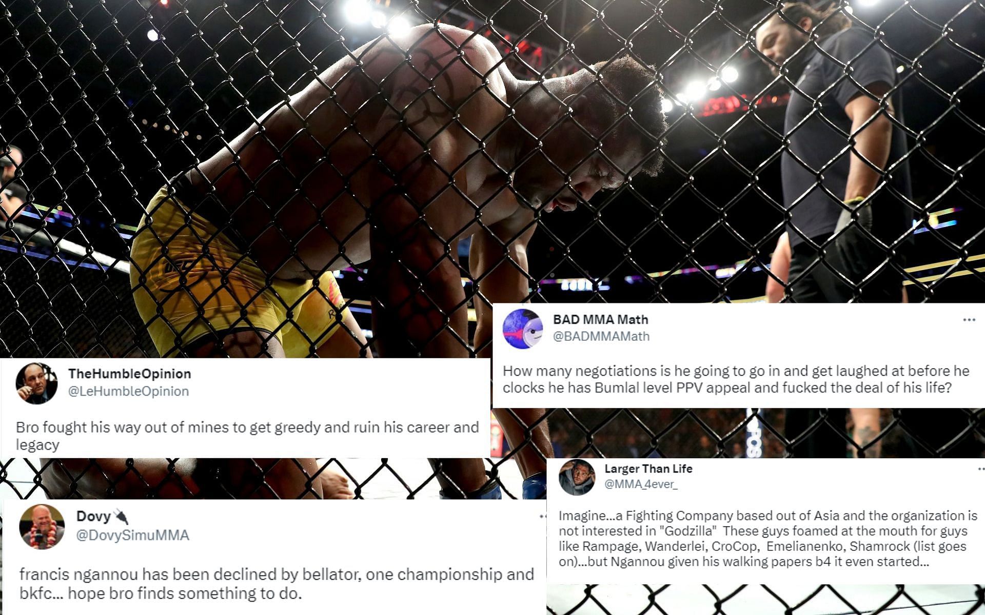Fans criticize Francis Ngannou after failed negotiations with ONE FC [Image credits: @BADMMAMath, @LeHumbleOpinion, @DovySimuMMA and MMA_4ever_ on Twitter]