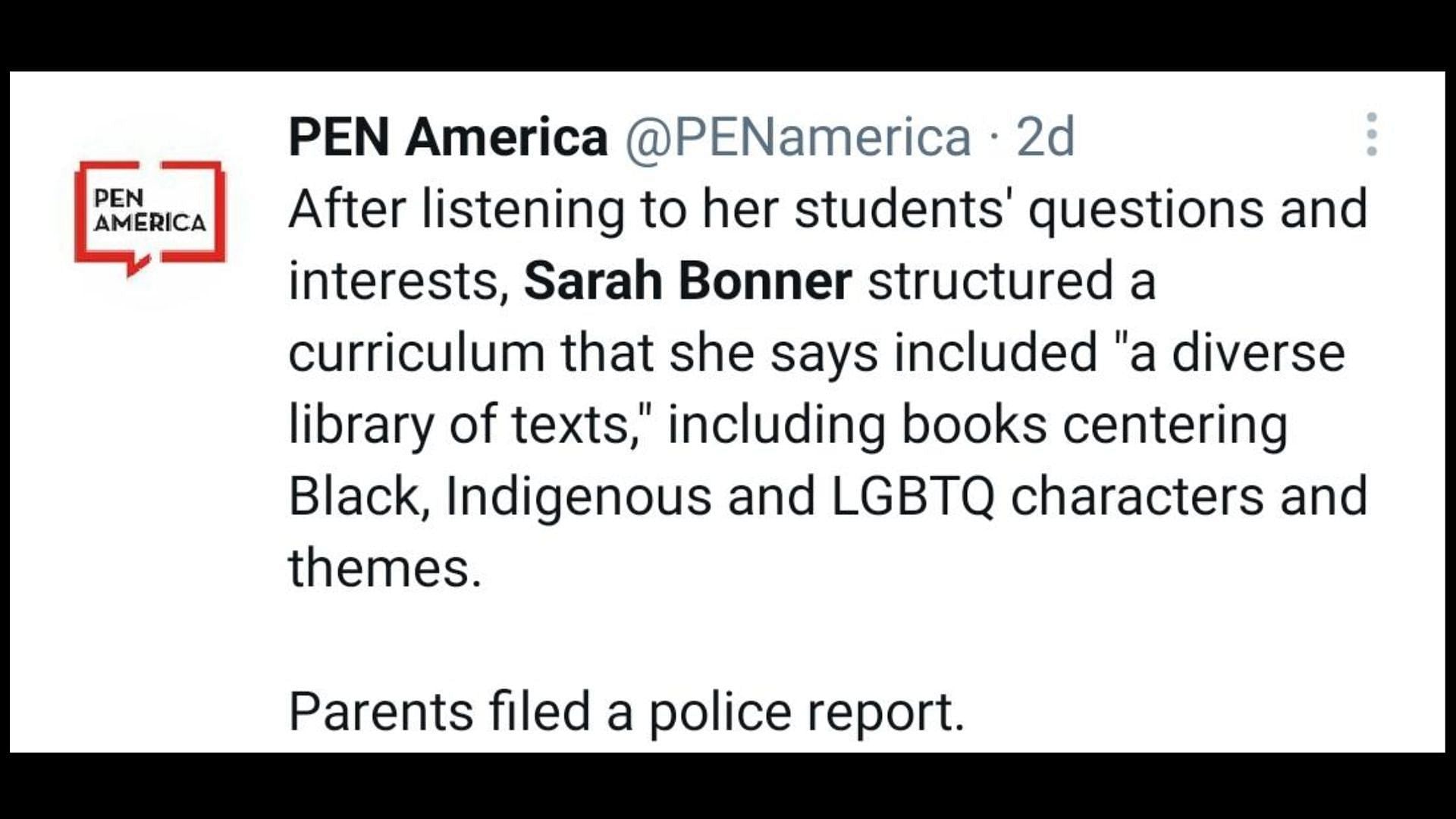 The veteran teacher has been suspended for offering LGBTQ-theme materials to young students, (Image via @PENamerica/Twitter)
