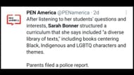 The veteran teacher has been suspended for offering LGBTQ-theme materials to young students, (Image via @PENamerica/Twitter)