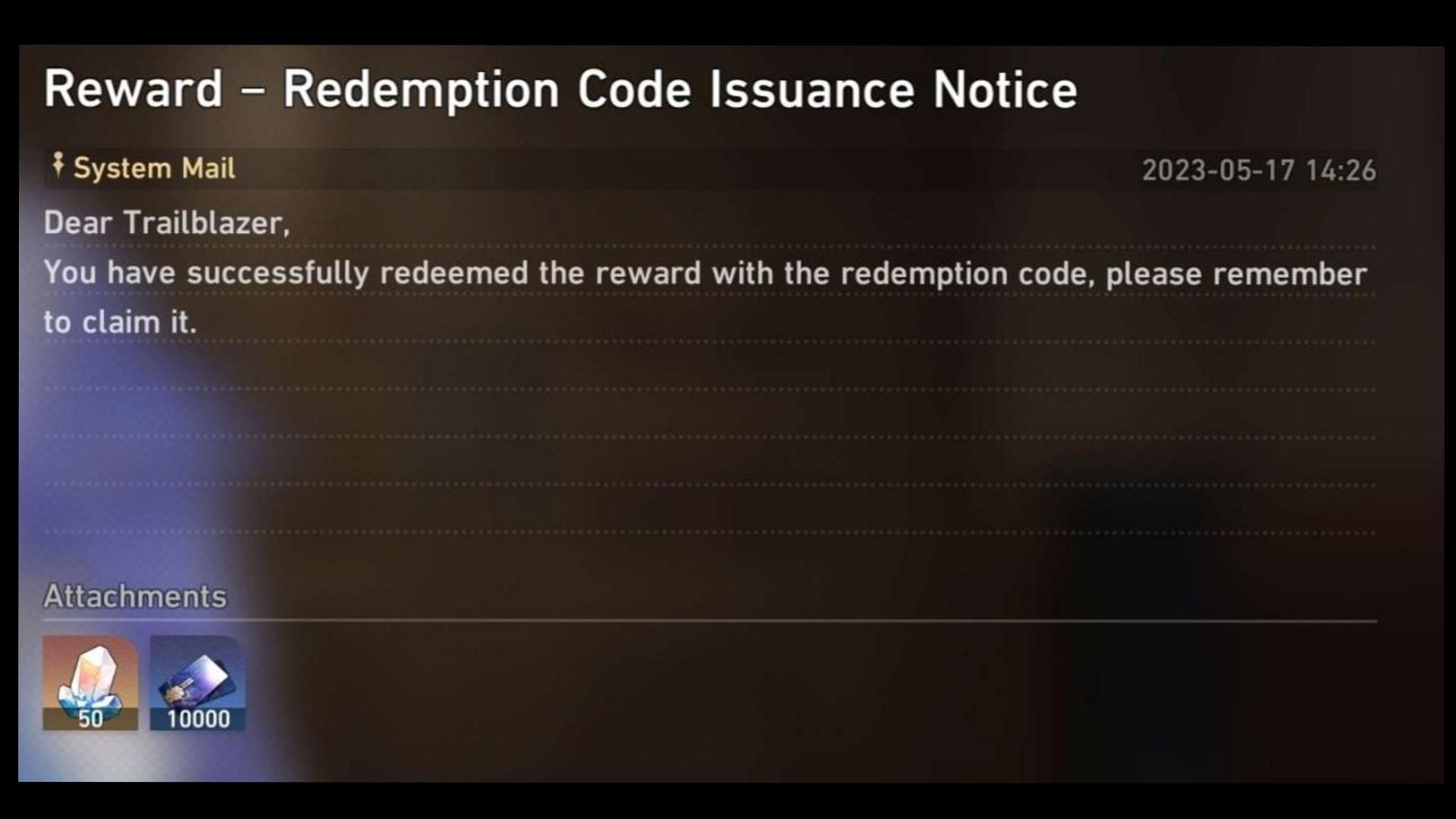 The redemption code can be claimed via the in-game mail (Image via HoYoverse)