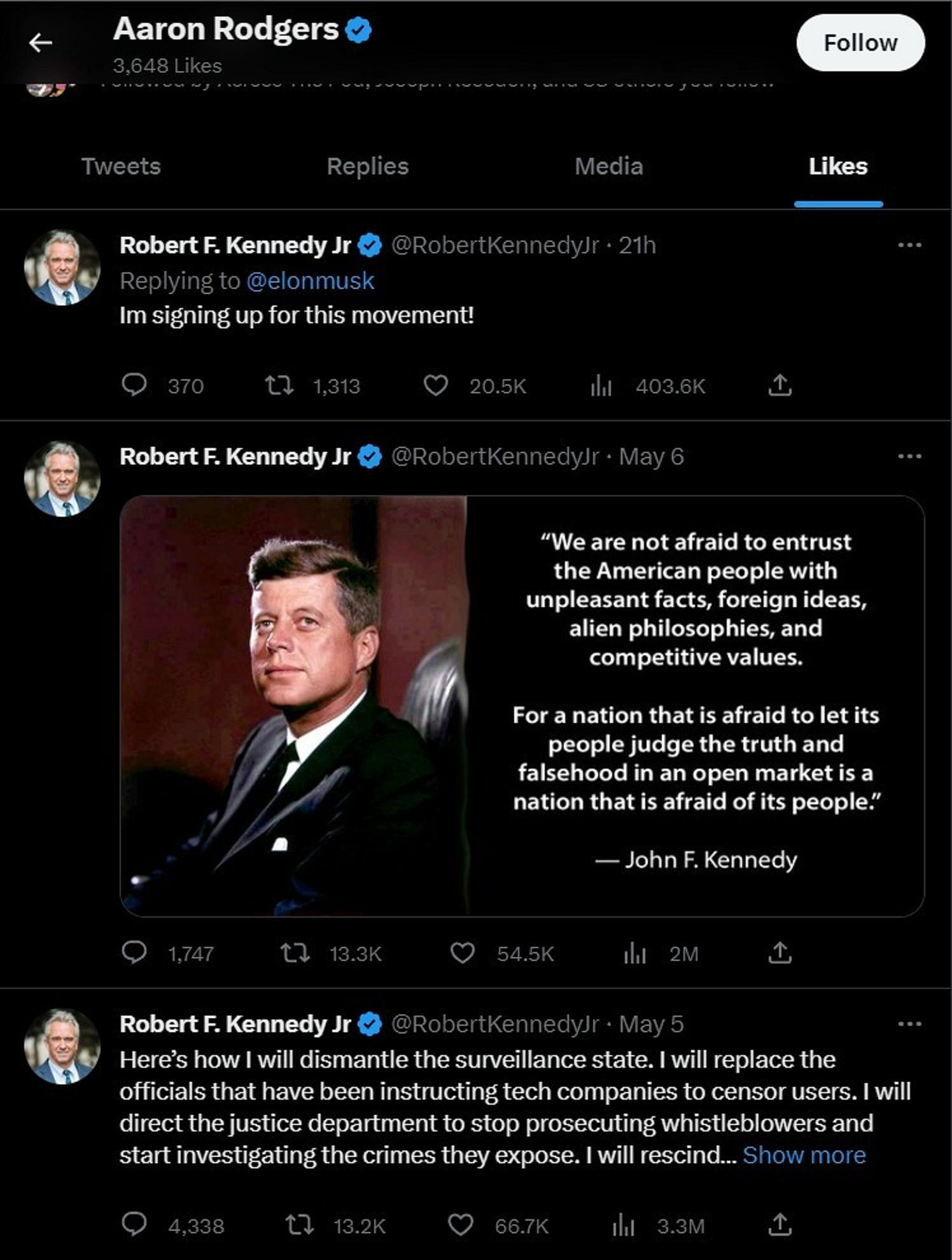 Snapshot of Aaron Rodgers&#039; Twitter account liking Robert F. Kennedy Jr.&#039;s posts