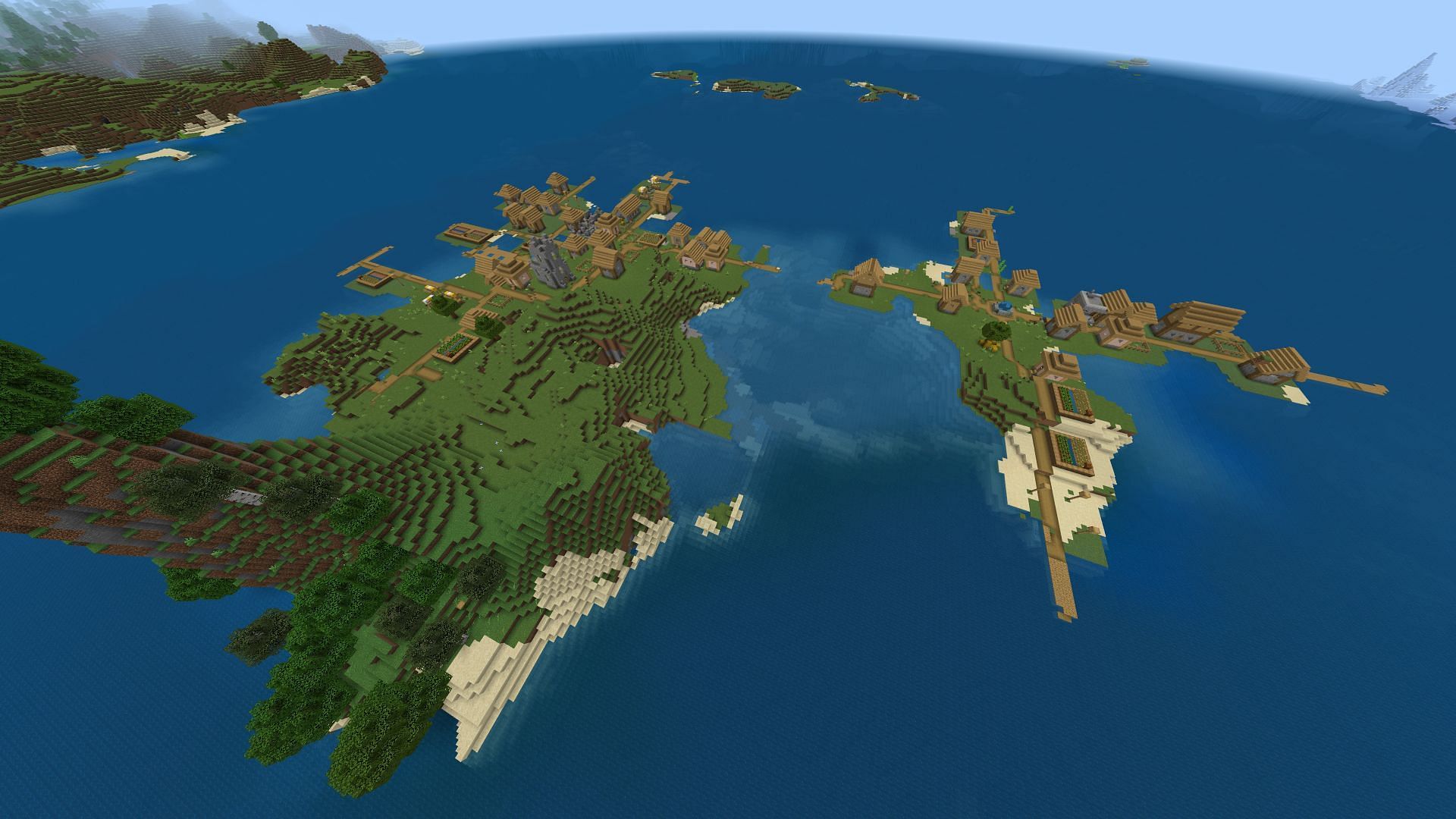 Two villages on one island certainly should be helpful for a few Minecraft fans (Image via Mojang)