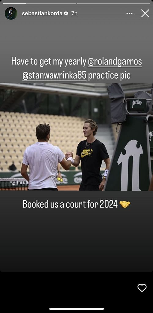 Sebastian Korda's Instagram story