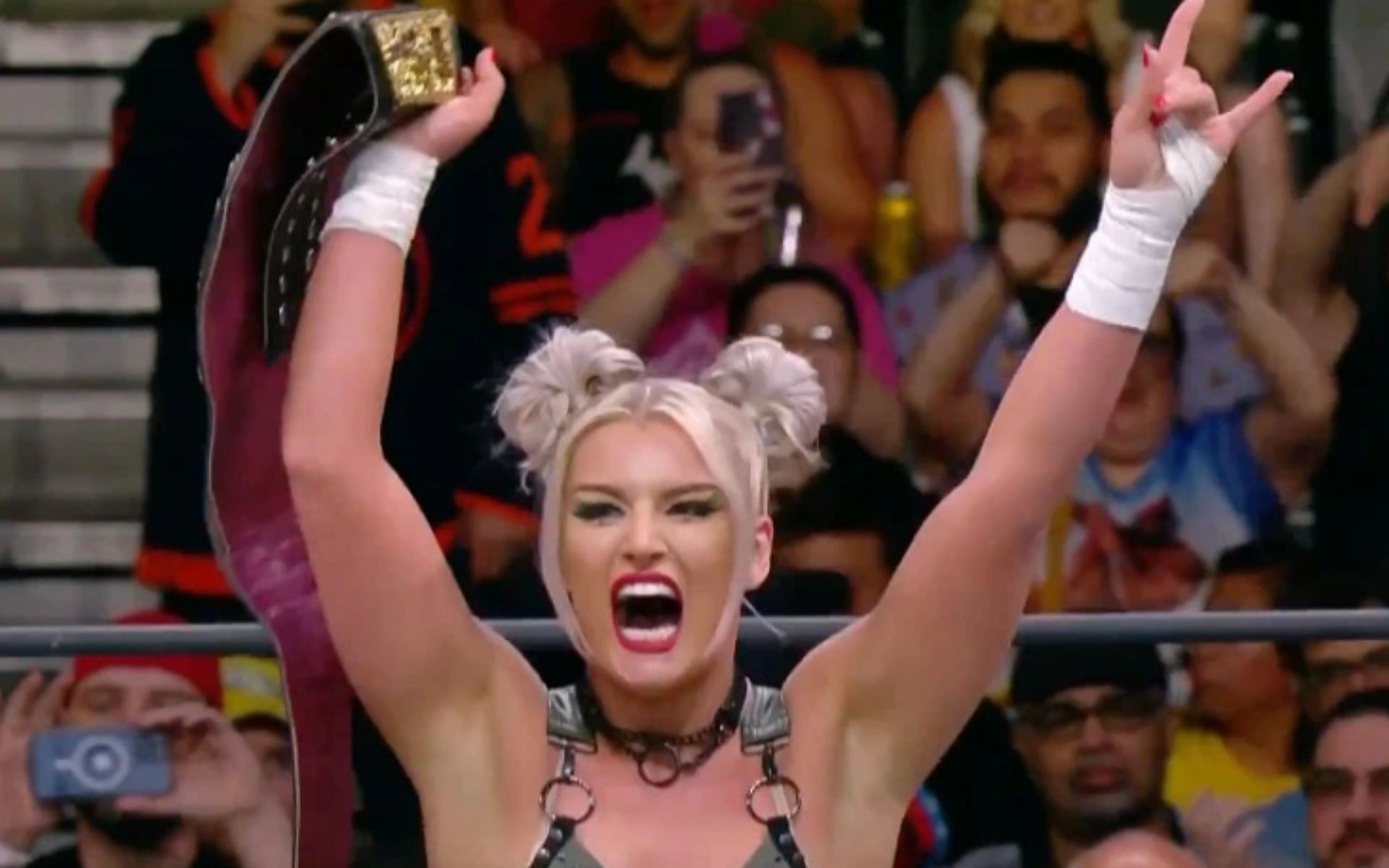 Toni Storm celebrating her second win as AEW Women&#039;s Champion