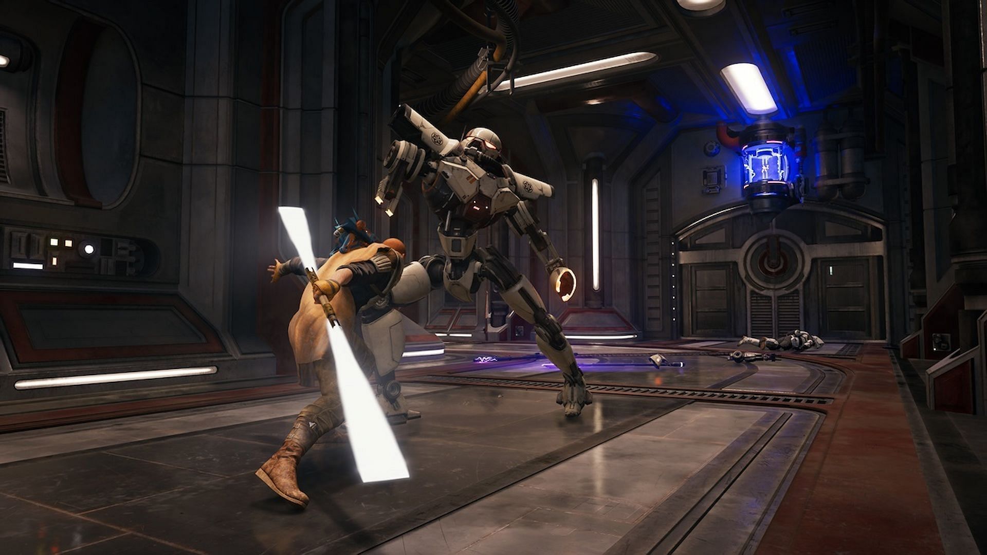 D-L1t can be located in the Hangar 2046-C area on Coruscant in Star Wars Jedi Survivor (Image via Electronic Arts)