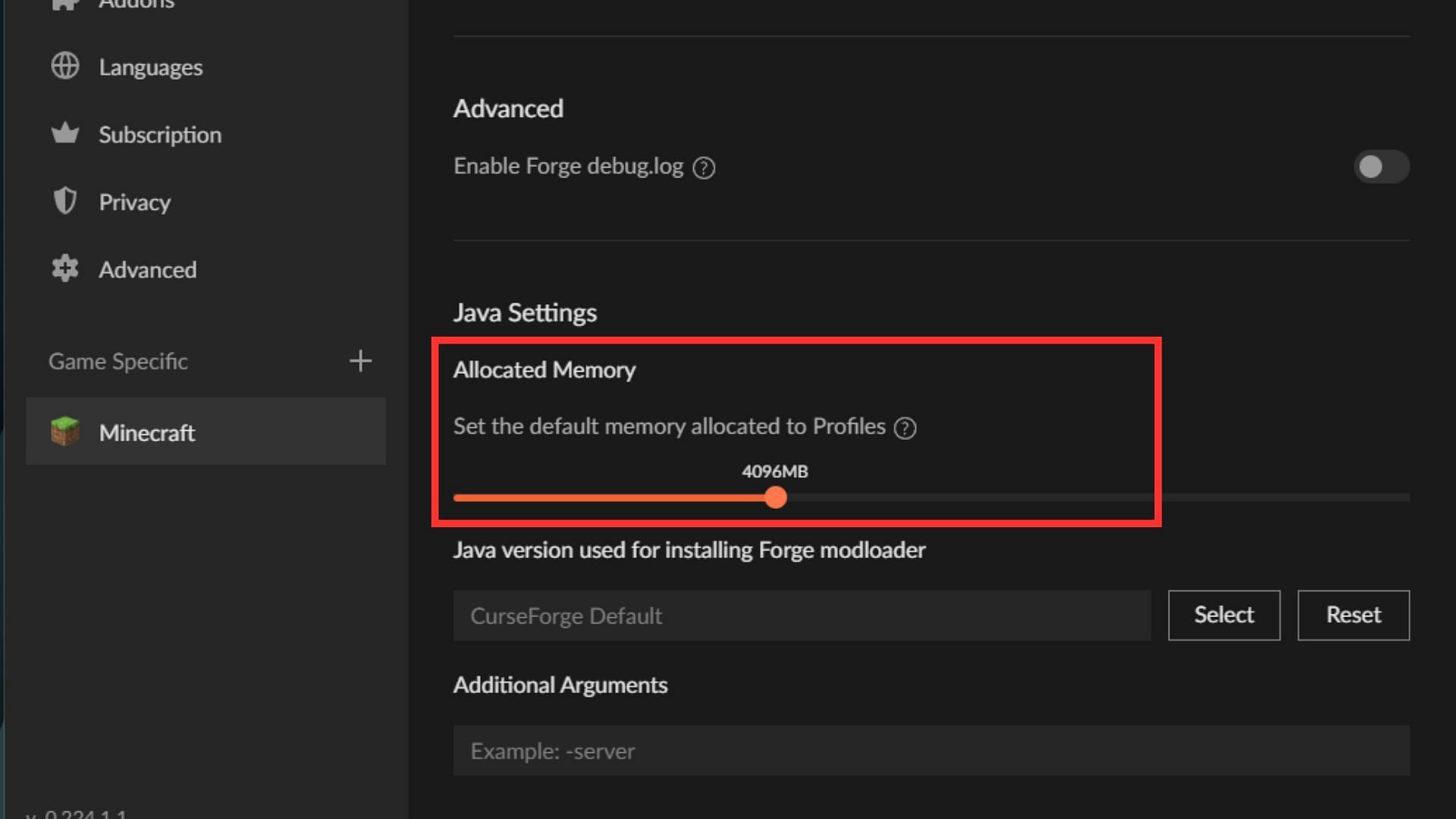 Changing memory allocation via CurseForge launcher (Image via Sportskeeda)