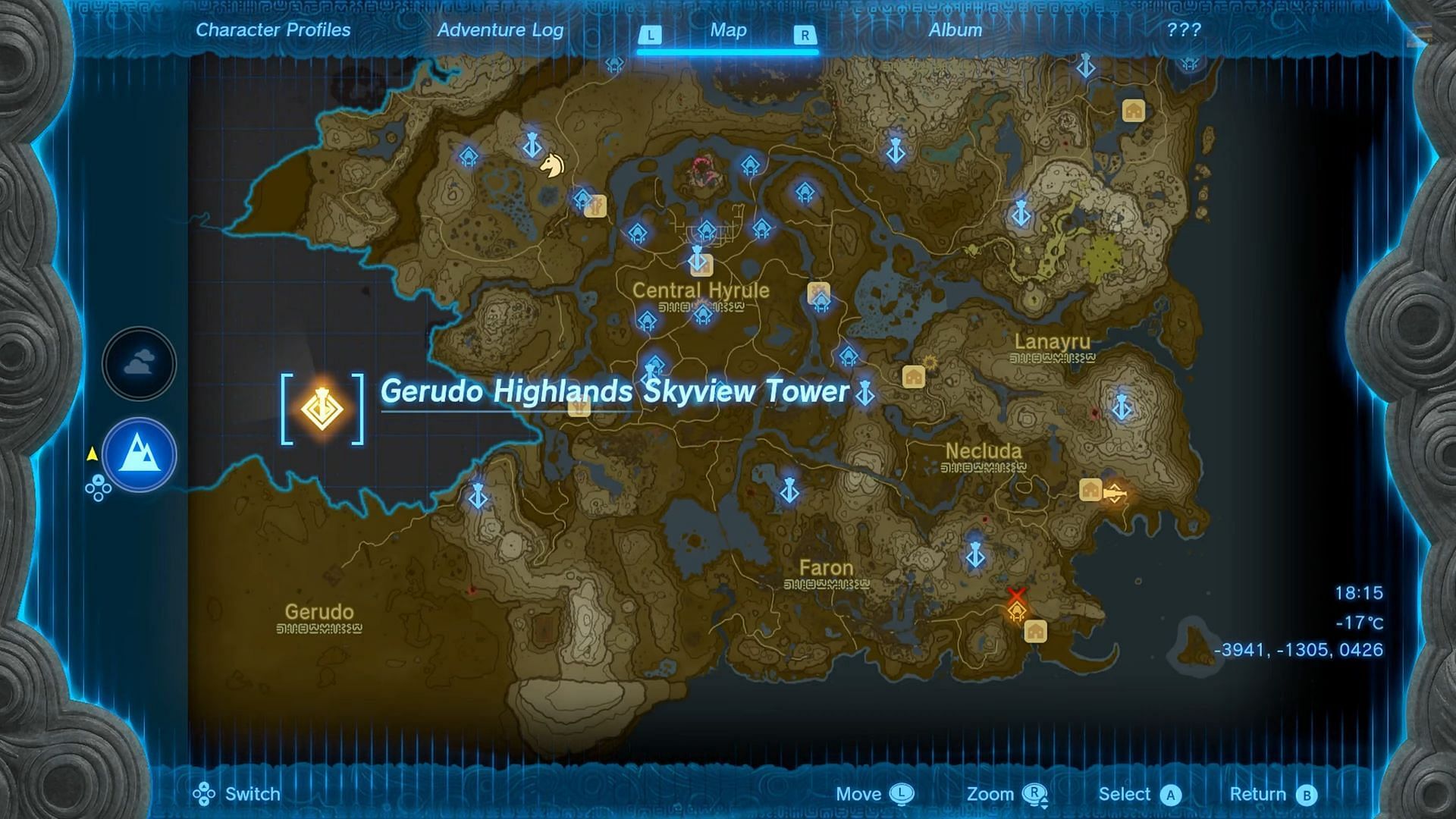 The location of the Gerudo Canyon Skyview Tower in Tears of The Kingdom (Image via Nintendo)