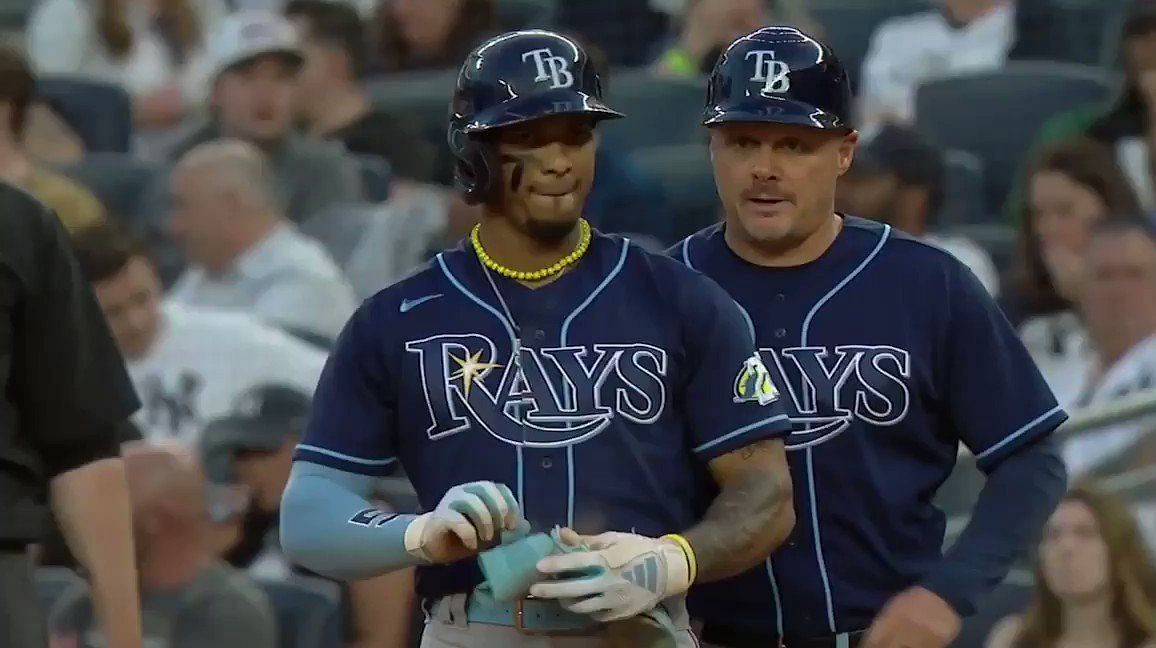 Wander Franco of the Tampa Bay Rays reacts after being walked