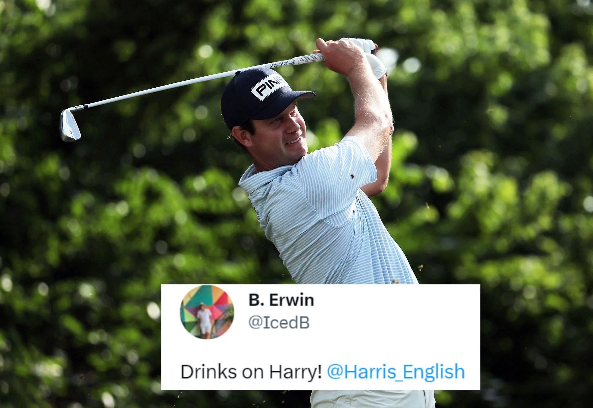 Harris English scoring a hole-in-one at the Charles Schwab Challenge (Image via Getty and Twitter).