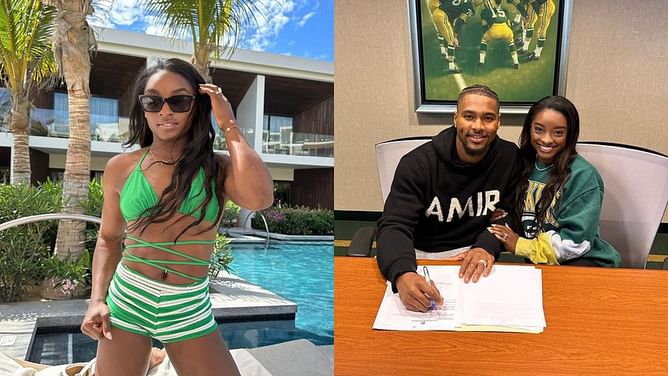 Simone Biles stuns in green swimsuit after Jonathan Owens' Packers move