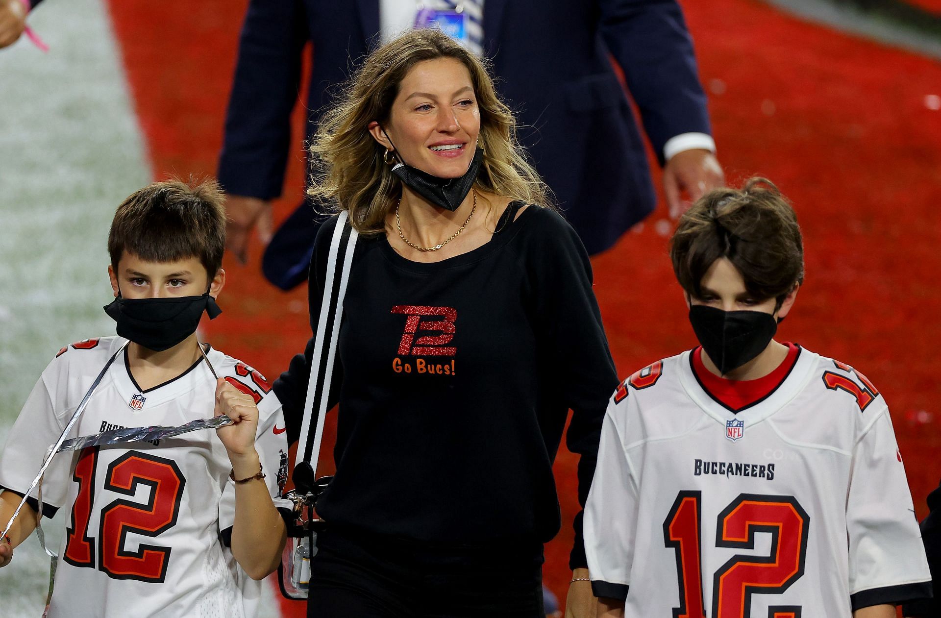 Gisele on the field right after Super Bowl LV