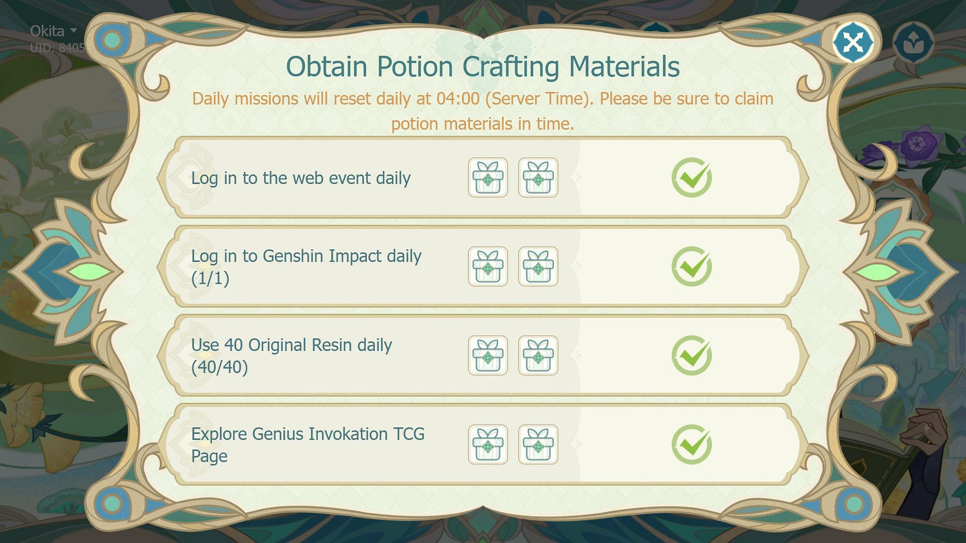 Complete the tasks to obtain more ingredients (Image via HoYoverse)