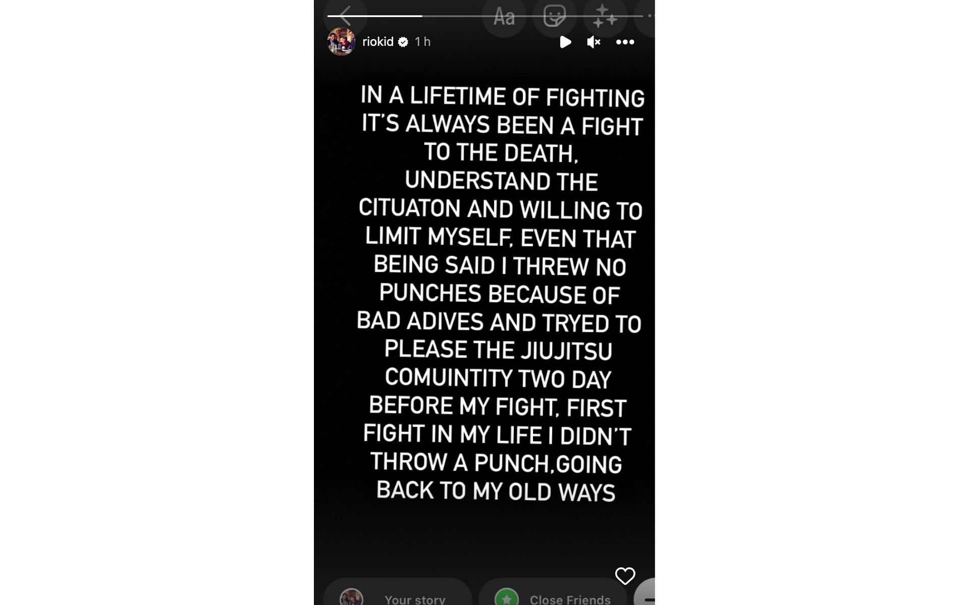 Gracie&#039;s story on Instagram explaining his last loss at UFC 288. [image via Instagram @riokid]