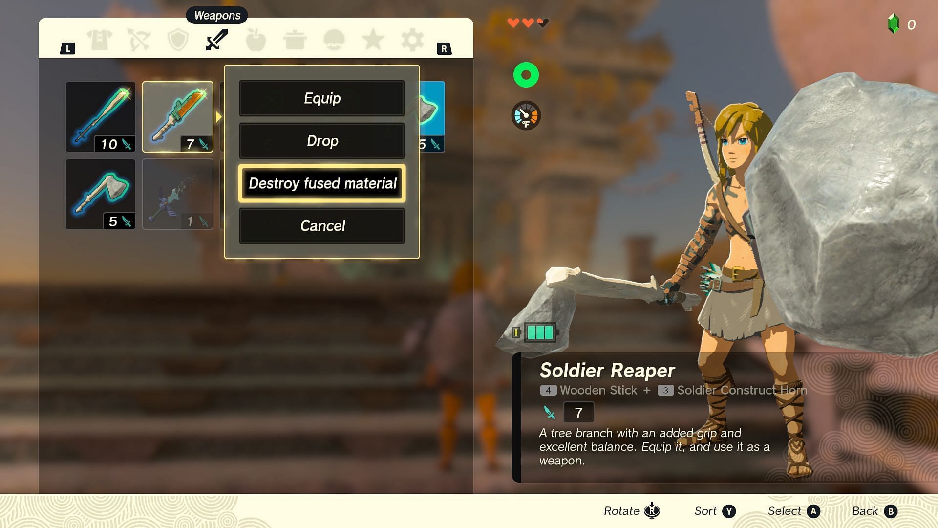 Undo fusion from the menu. (Screenshot via The Legend of Zelda Tears of the Kingdom)