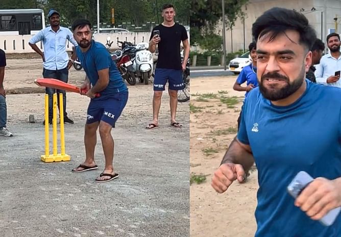 [WATCH] GT players Rashid Khan, Noor Ahmad and Odean Smith play gully cricket in Gandhinagar