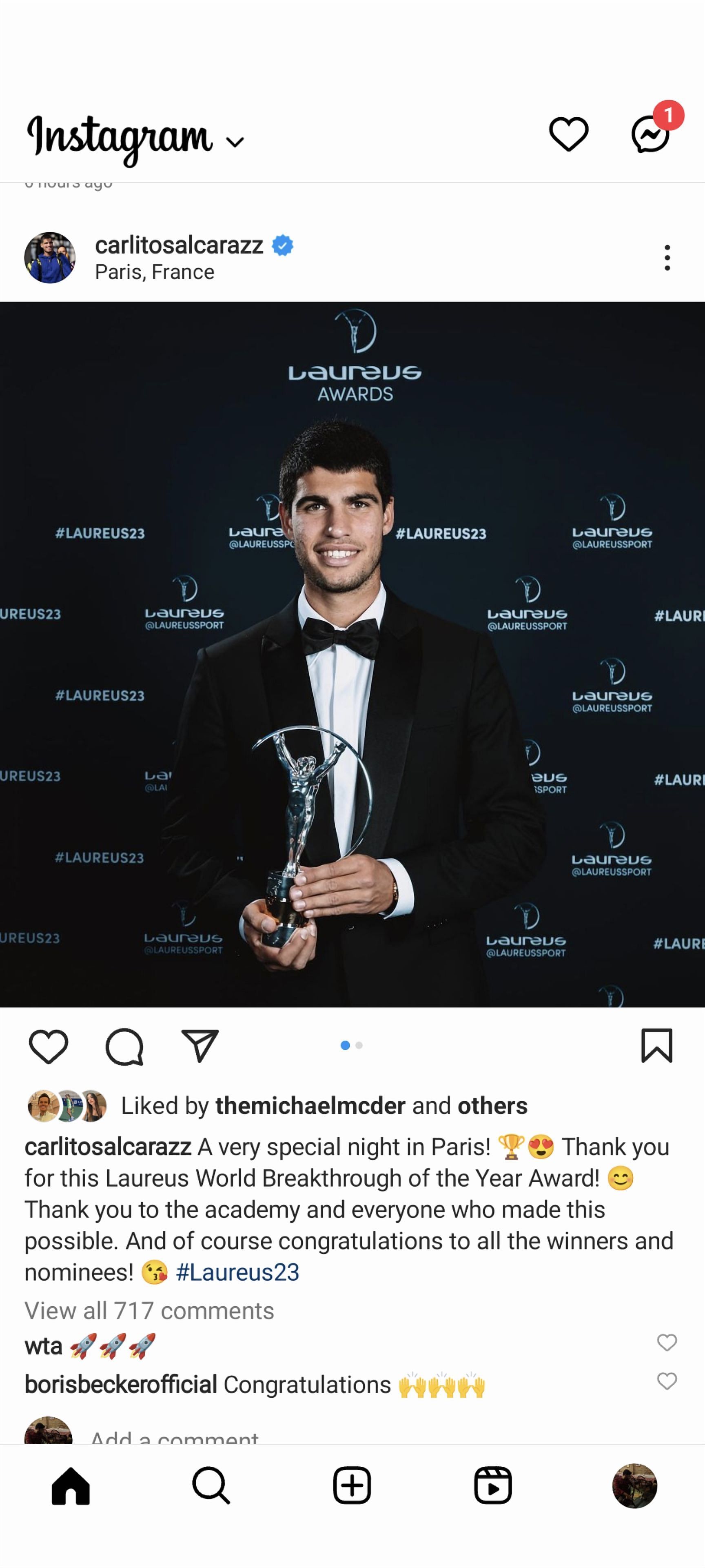 Screengrab of Boris Becker&#039;s comment under Carlos Alcaraz&#039;s Instagram post