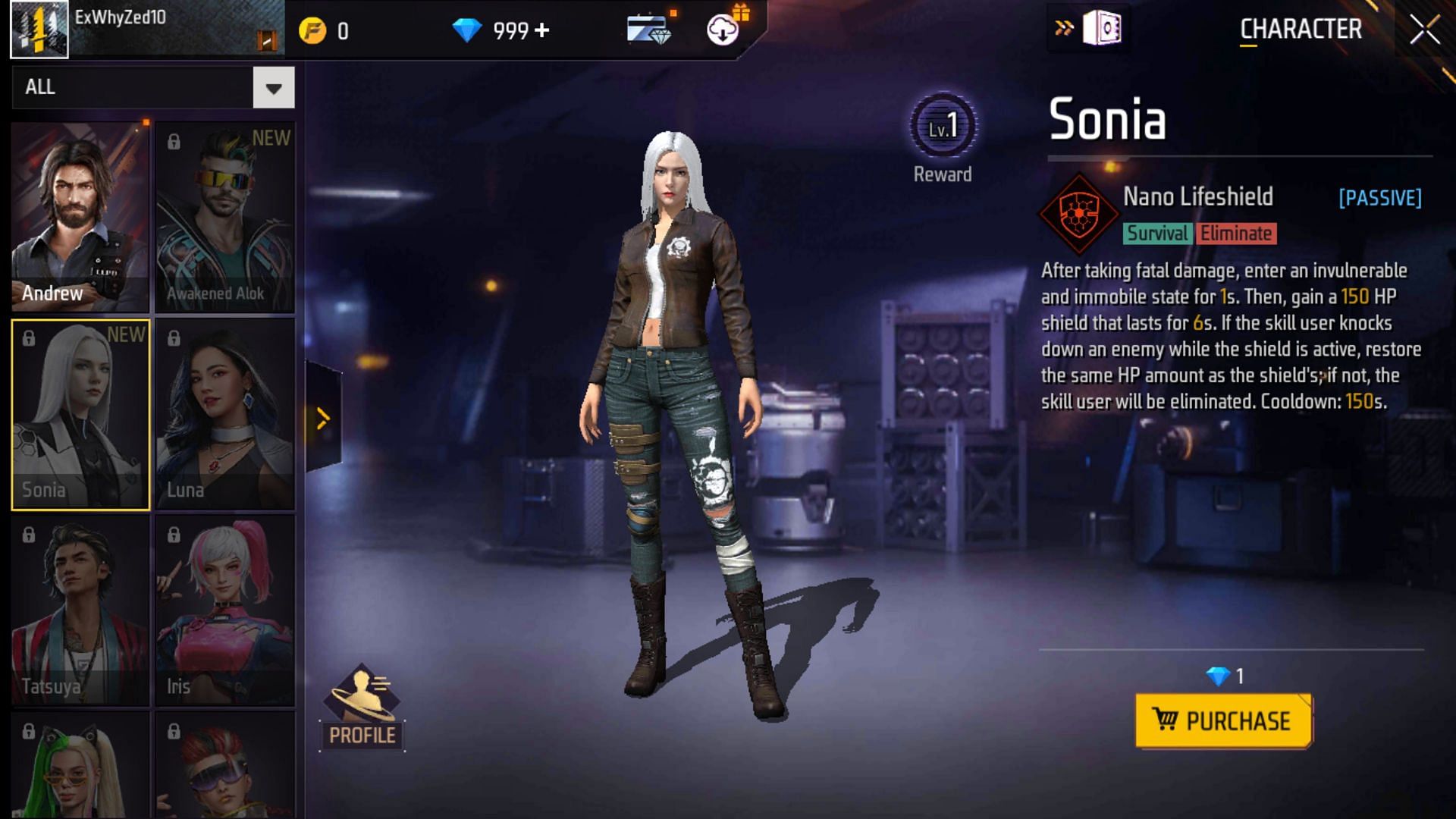 Details of the Sonia character in the Advance Server (Image via Garena)