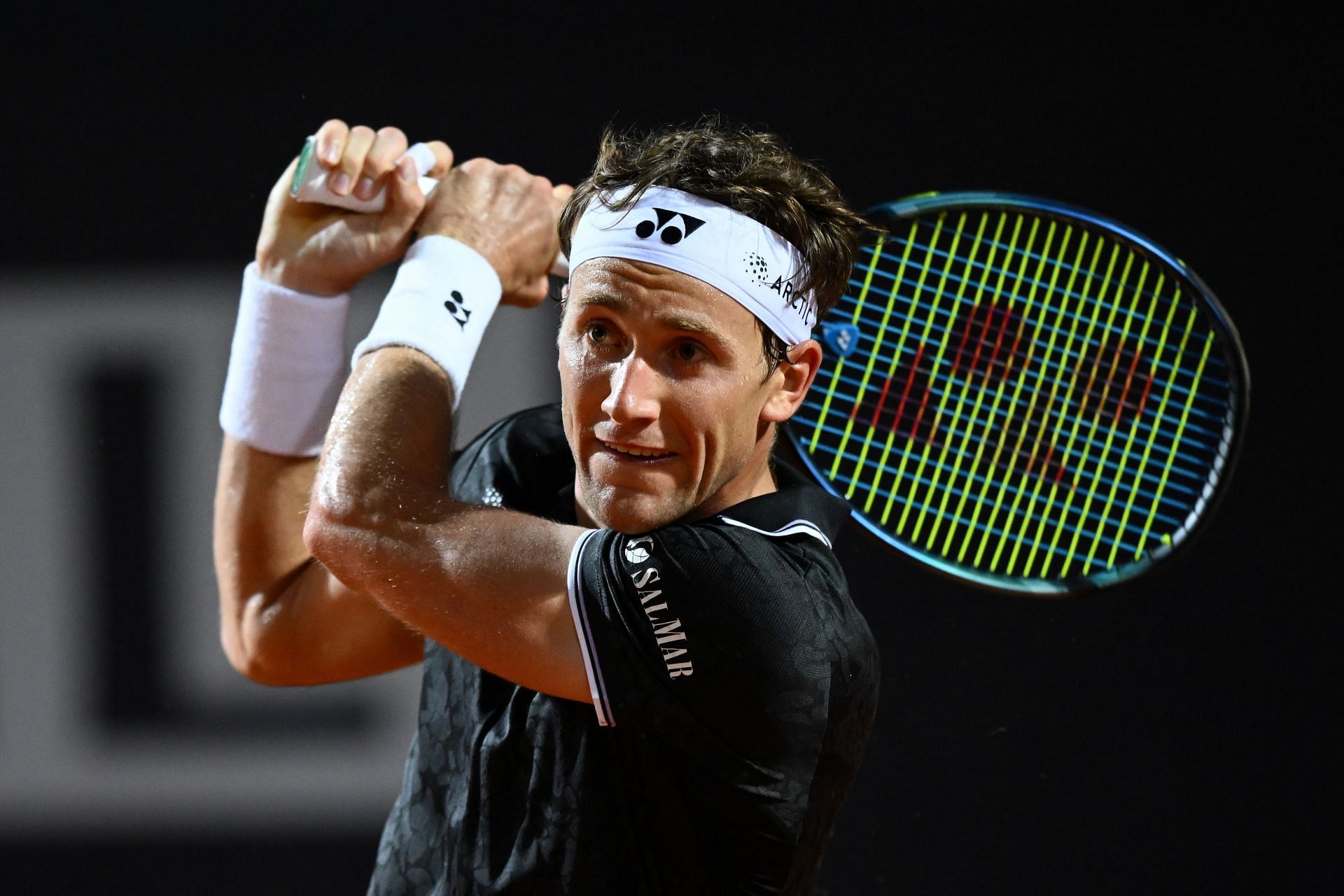 Norway's Casper Ruud celebrates a winning point during a semi final match  against Denmark's Holger Rune at the Italian Open tennis tournament in  Rome, Italy, Saturday, May 20, 2023. (AP Photo/Alessandra Tarantino