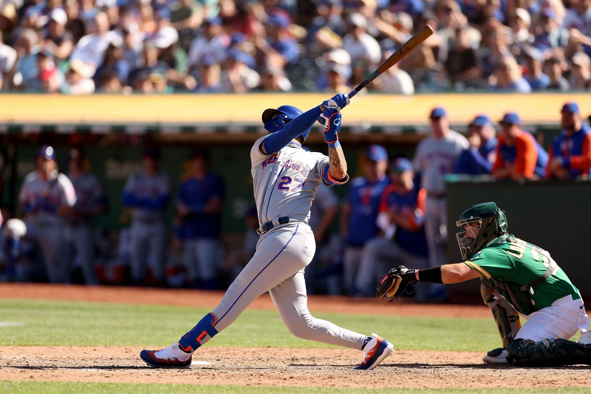 Mark Vientos of the New York Mets bats against the Oakland Athletics at RingCentral Coliseum
