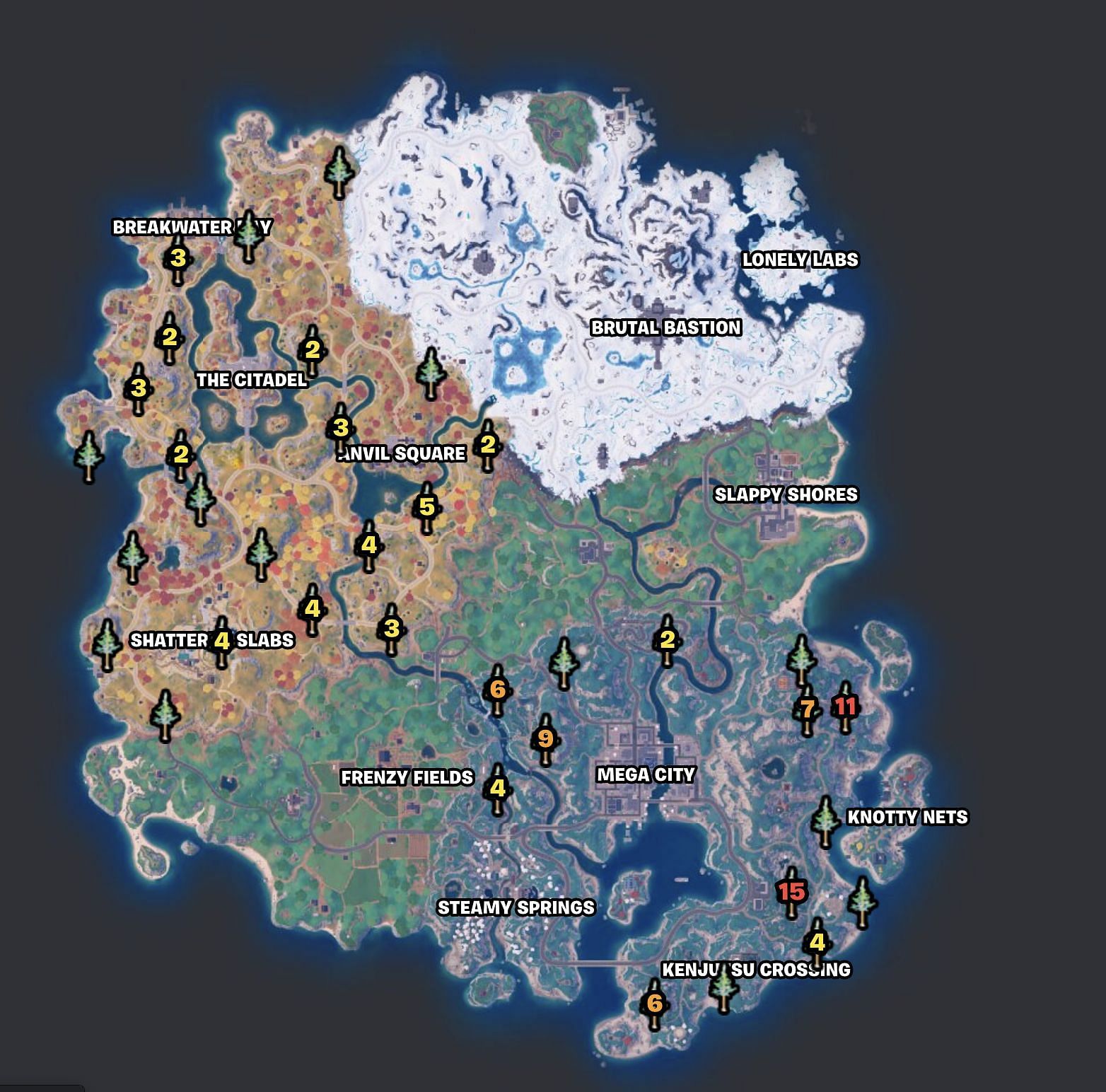 Here is where every Timber Pine is in Fortnite Chapter 4 Season 2 (Image via Fortnite.GG)