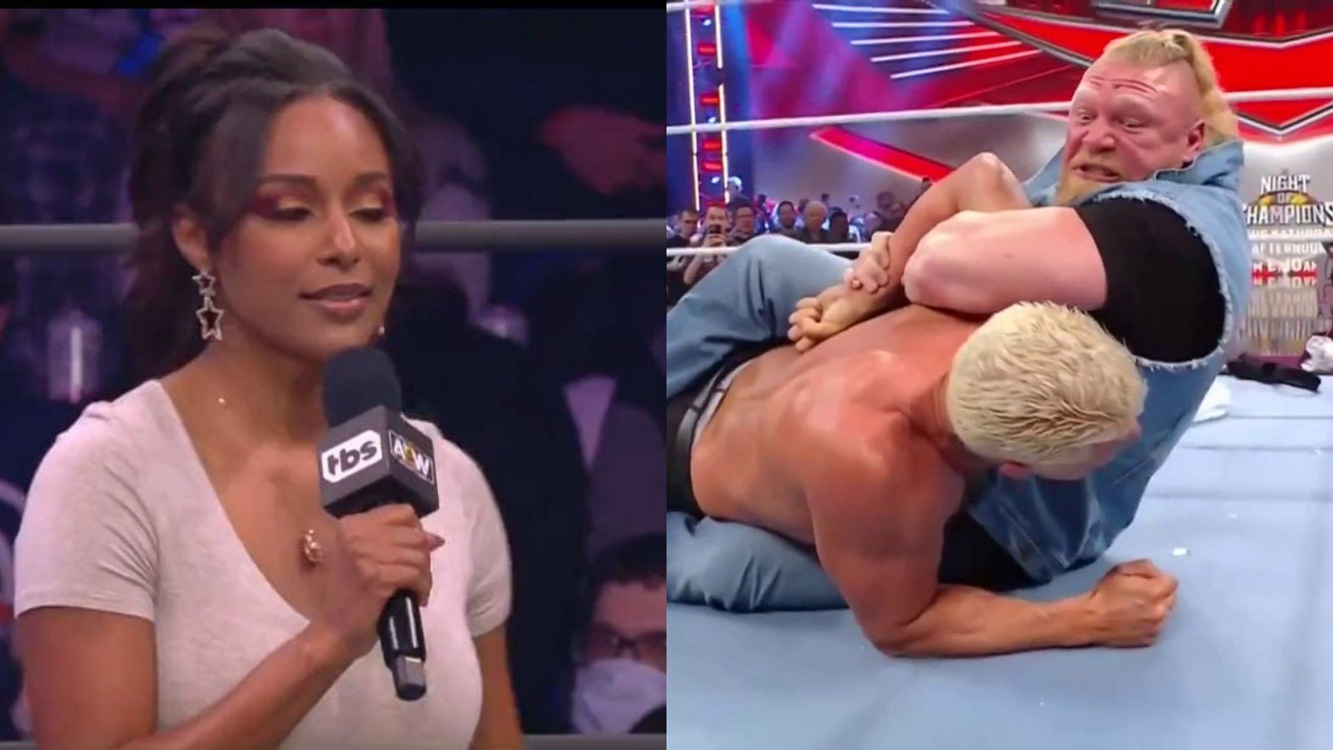 Brandi Rhodes(left); Brock Lesnar and Cody Rhodes(right)