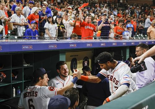 Chicago Cubs v Houston Astros HOUSTON, TEXAS - MAY 17: Jake Meyers #6, Jeremy Pena #3 and Kyle Tucker #30 of the Houston Astros react to defeating the Chicago Cubs 7-6 at Minute Maid Park on May 17, 2023 in Houston, Texas. (Photo by Carmen Mandato/Getty Images)