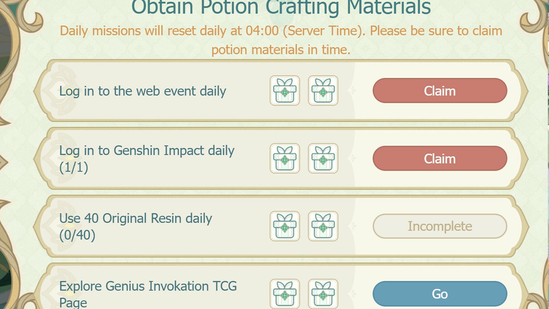You need to complete some tasks to get ingredients (Image via HoYoverse)