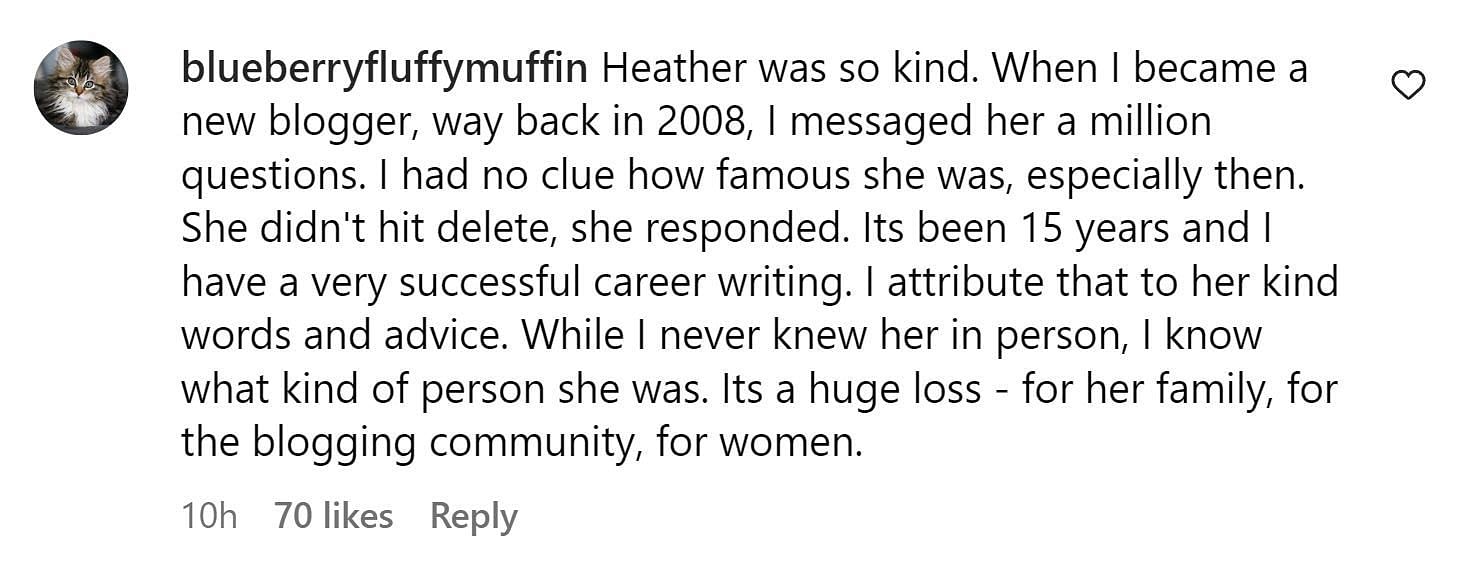 A comment paying tribute to Heather (Image via Instagram /@blueberryfluffymuffin)