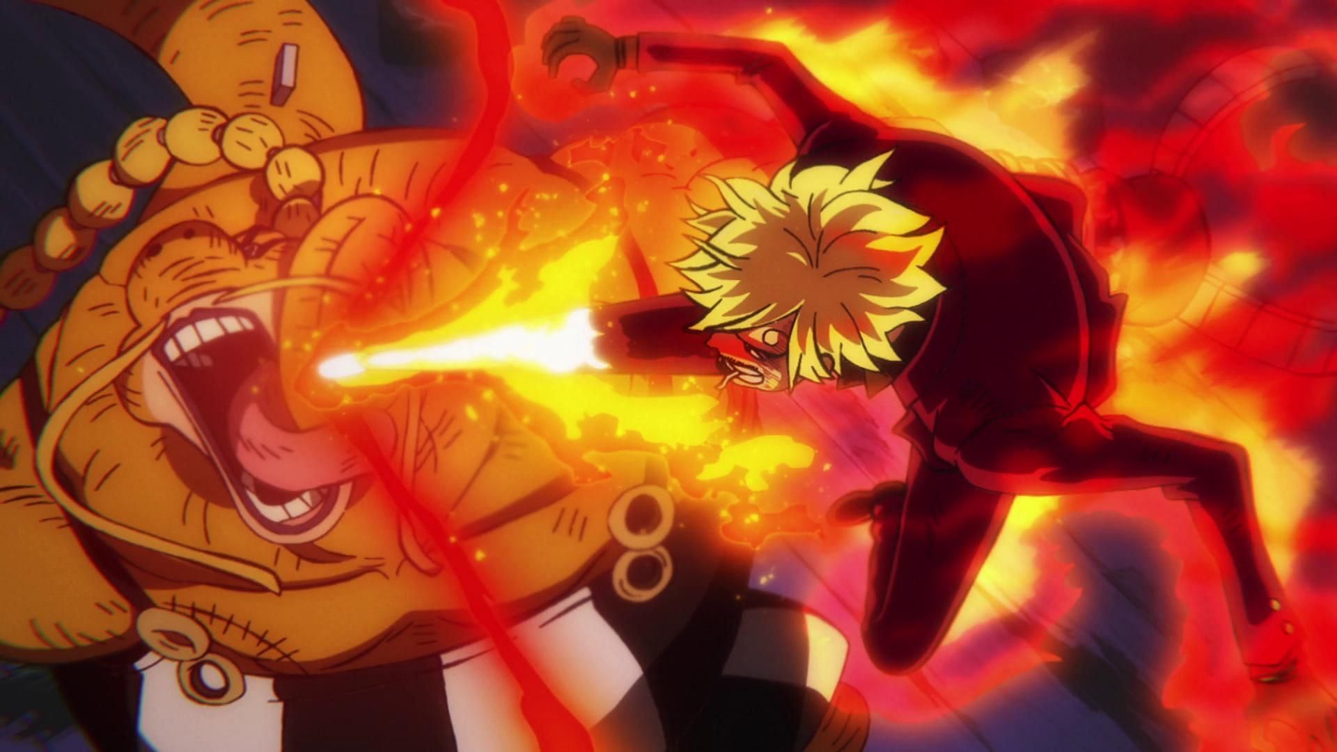 Sanji hitting Queen with Hell Memories (Image via Toei Animation, One Piece)