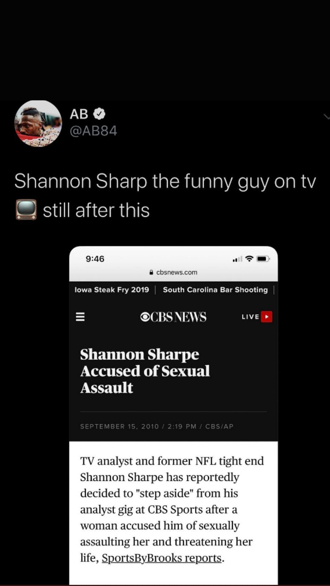 Antonio Brown&#039;s tweet on Shannon Sharpe (screengrab via The Score/Brown&#039;s Twitter account)