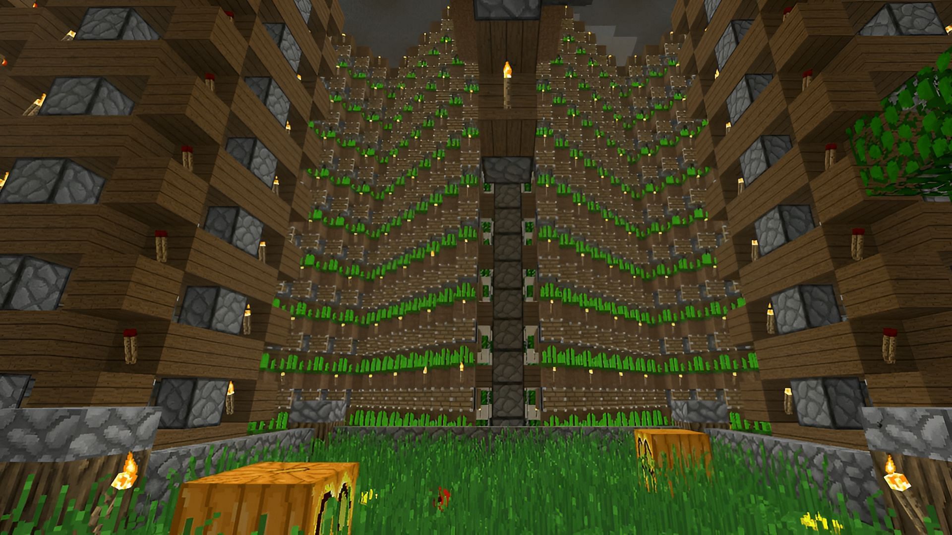 This tiered crop farm is only one of many that can be built underground in Minecraft (Image via u/Antonaros/Reddit)