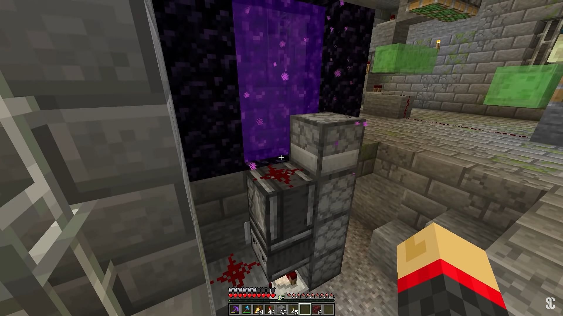 An item will constantly be thrown to and from the Nether portal to keep the chunk where the end portal is located active in Minecraft (Image via YouTube / Shulkercraft)