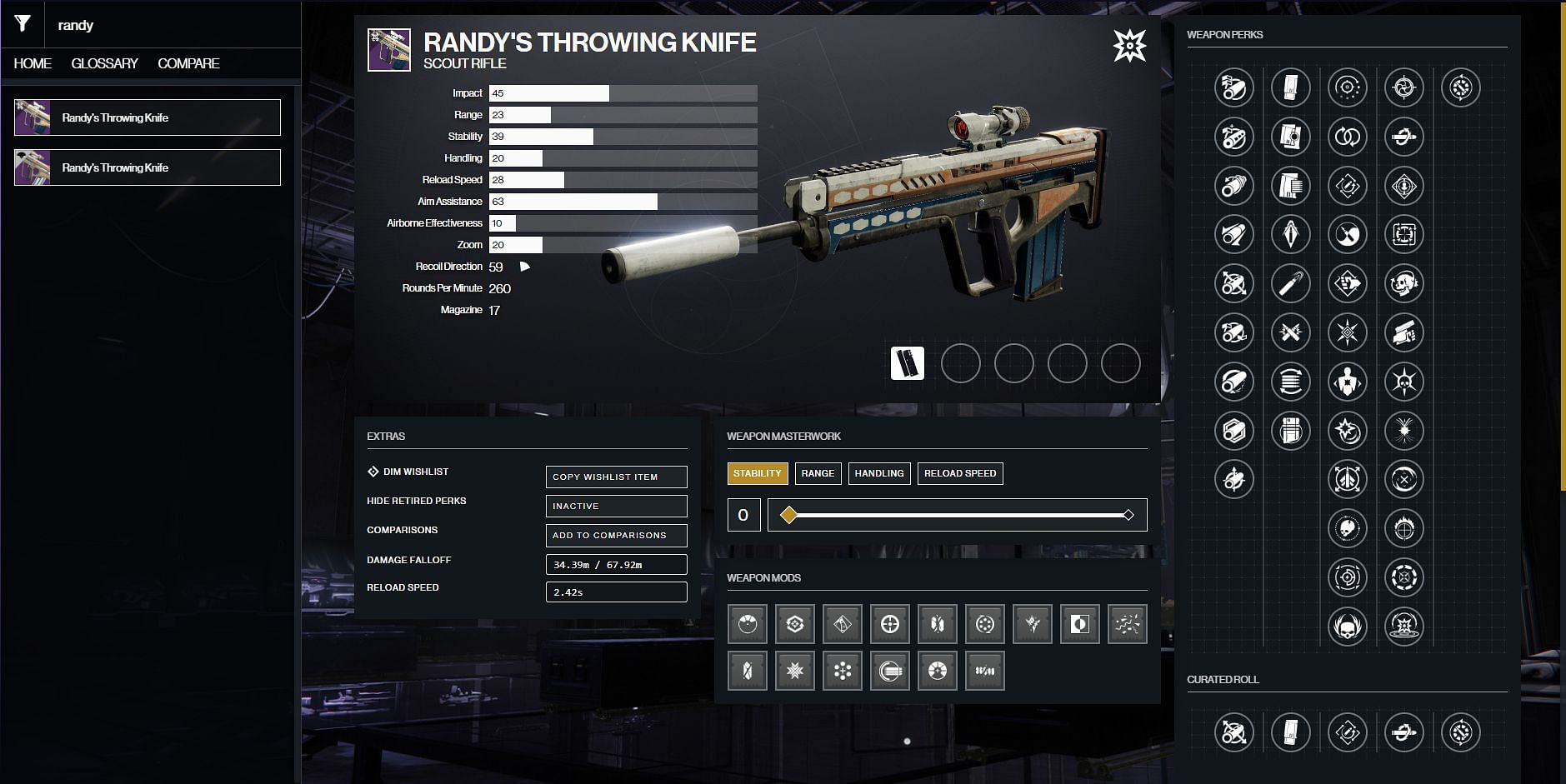 Randy&#039;s Throwing Knife perks (Image via D2Gunsmith)