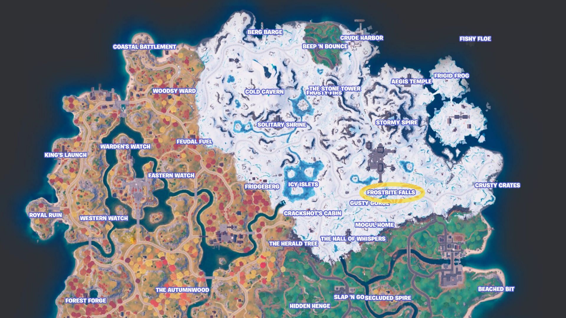 The exact location of Frostbite Falls in Fortnite Chapter 4 (Image via fortnite.gg/website screenshot)