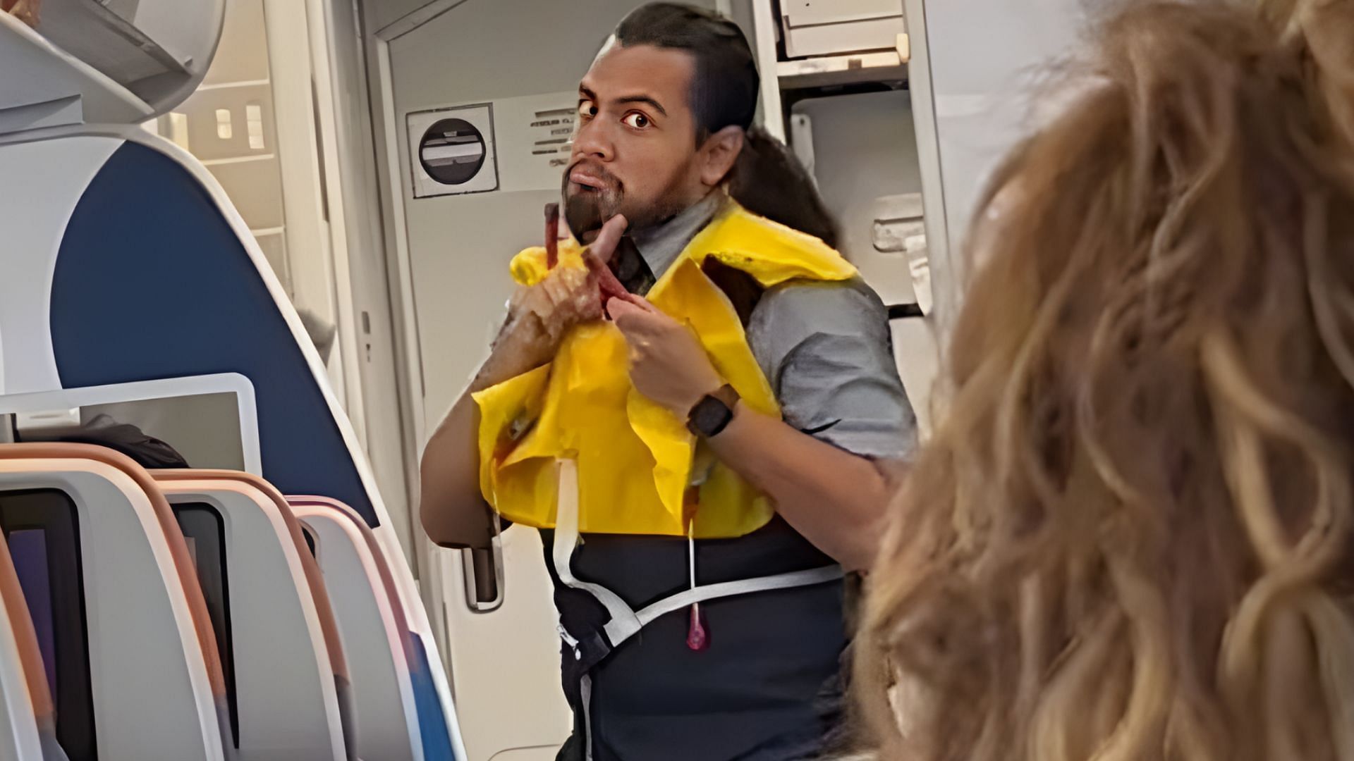 Peter Echevarria, the cabin attendant, has left almost everyone on social media amused with his unique style of demonstrating safety (Image via TikTok / @juicephhh)