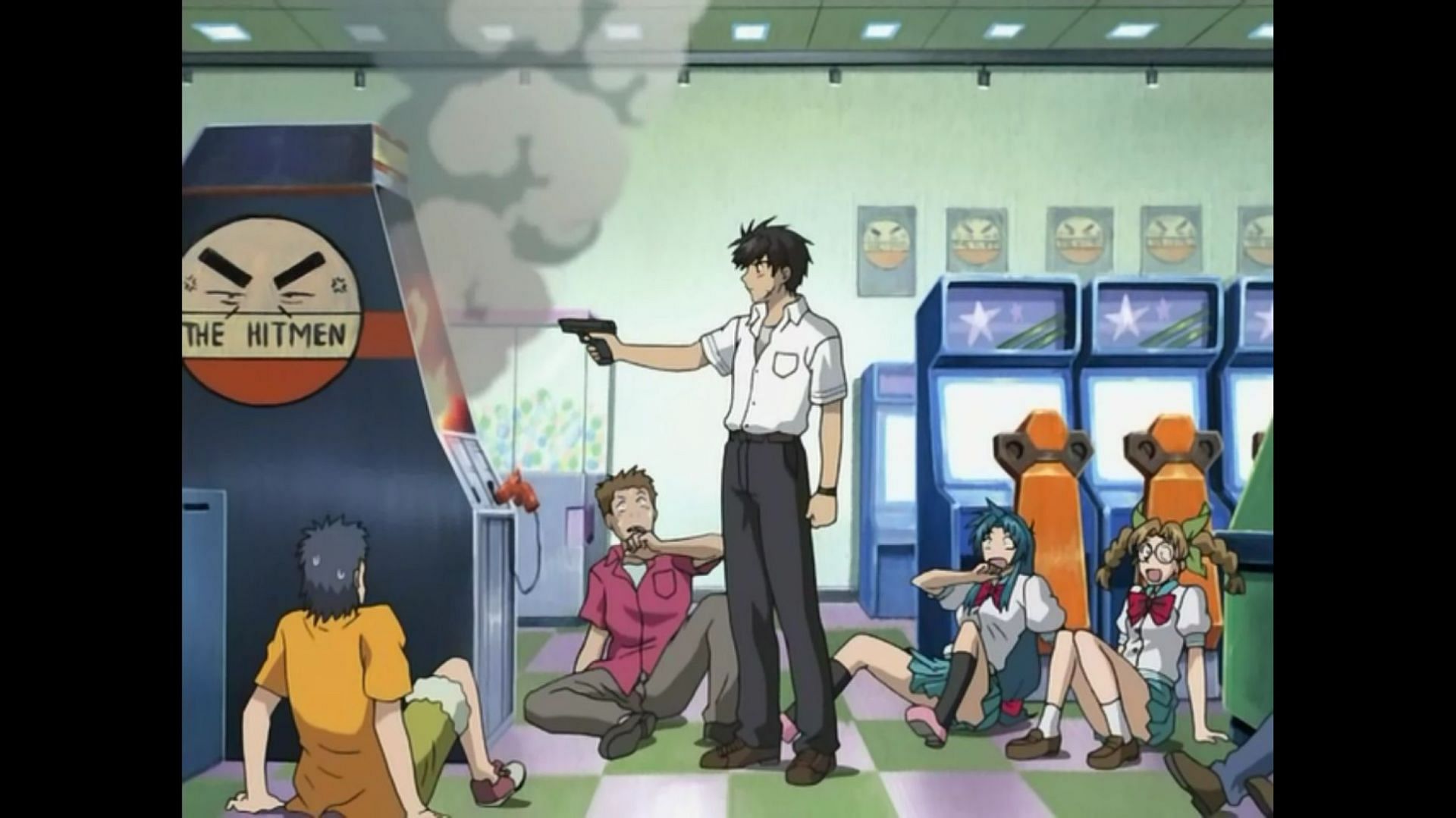 Sousuke shooting the arcade cabinet (Image via Kyoto Animation)