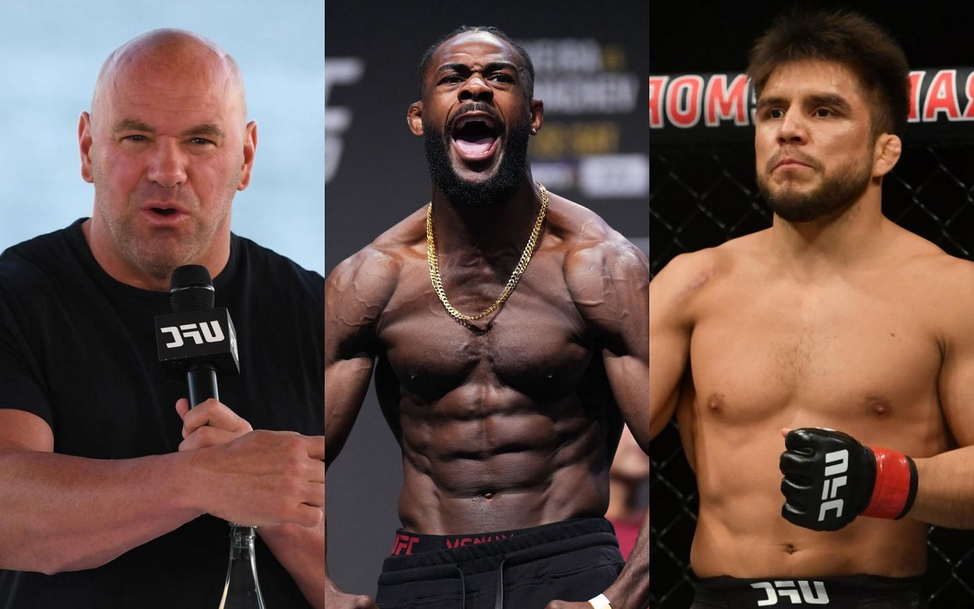 [L-R] Dana White, Aljamain Sterling and Henry Cejudo