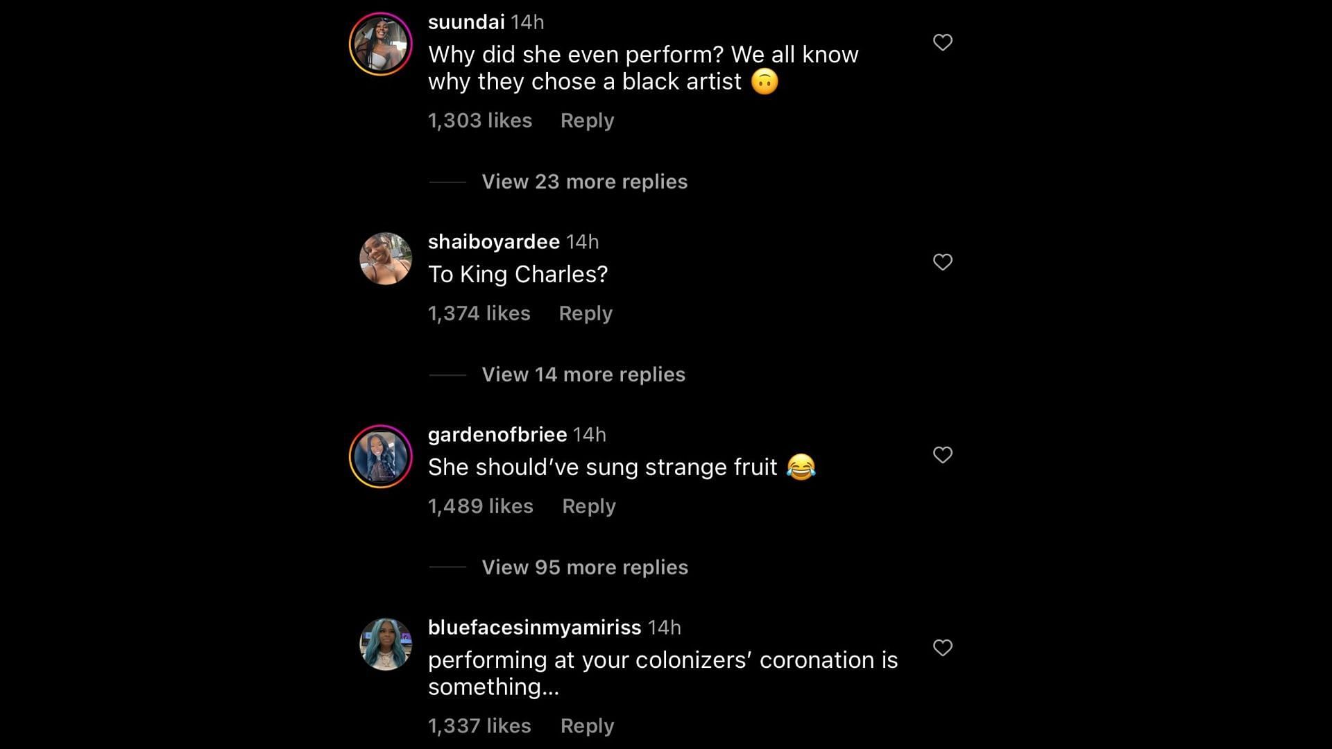 Screenshot of Instagram users remarking on Savage&#039;s performance at King Charles III&#039;s coronation. (Image via The Neighborhood Talk/Instagram)