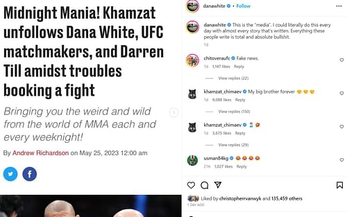 Screenshot of Khamzat Chimaev's comment on White's Instagram post [Image Courtesy: @danawhite on Instagram[