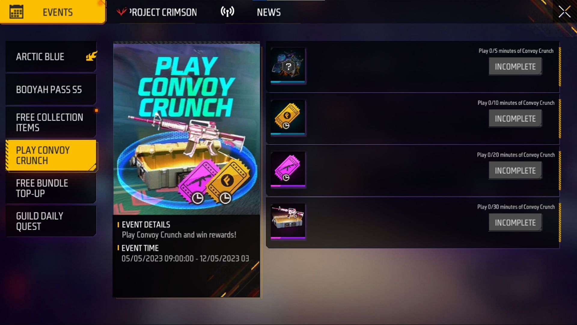 The requirements of the Play Convoy Crunch event in Free Fire MAX (Image via Garena)