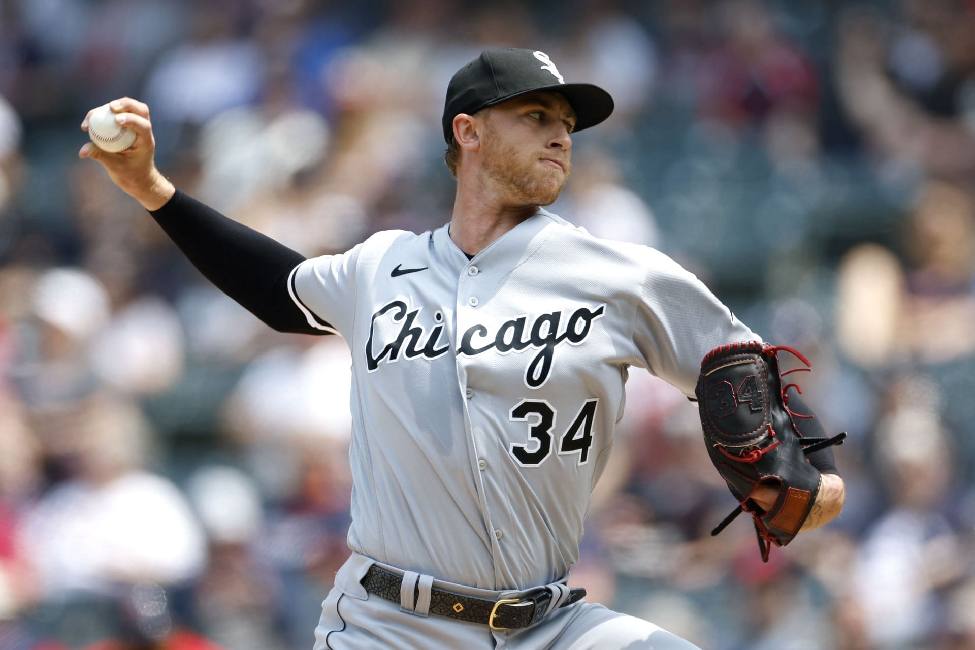Michael Kopech of the Chicago White Sox pitches against the Cleveland Guardians.
