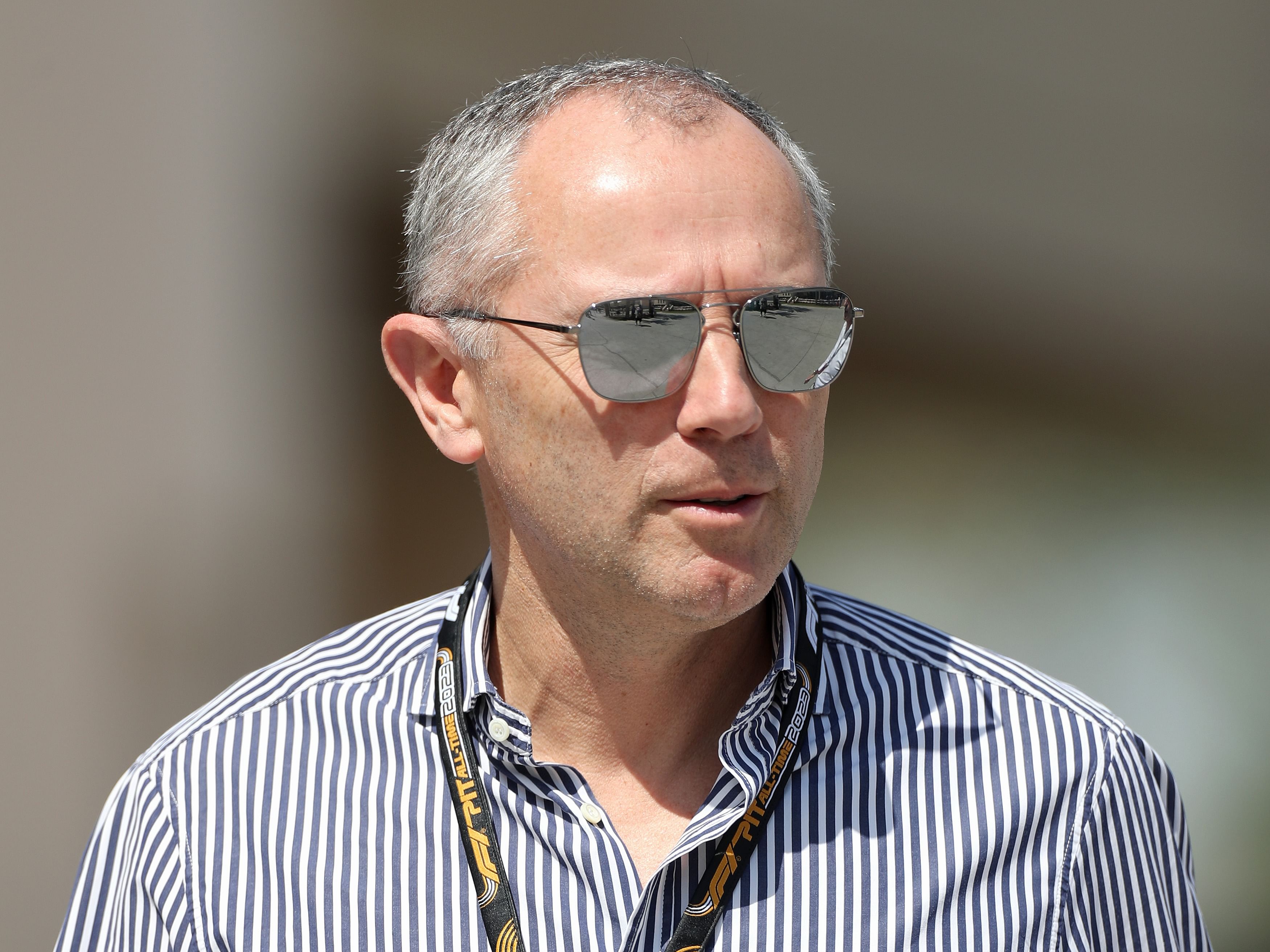 Stefano Domenicali walks in the paddock prior to practice ahead of the 2023 F1 Bahrain Grand Prix. (Photo by Peter Fox/Getty Images)