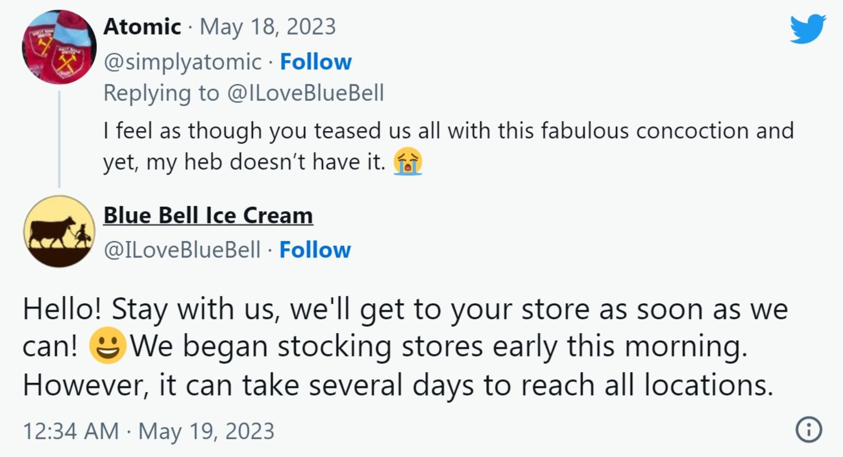 The Blue Bell Twitter admin had to ensure users that the supply would be reaching soon (Image via Twitter/@ILoveBlueBell)