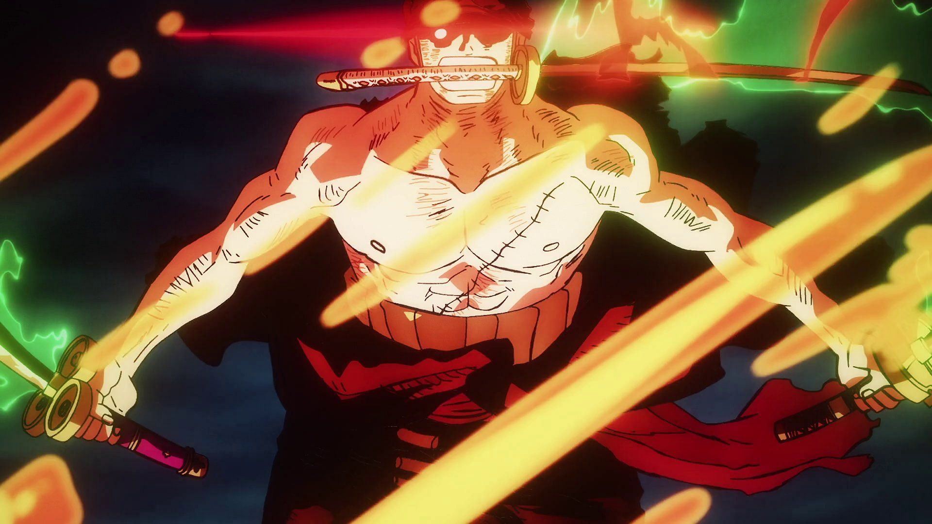 Zoro shirtless in Onigashima (Image via Toei Animation, One Piece)