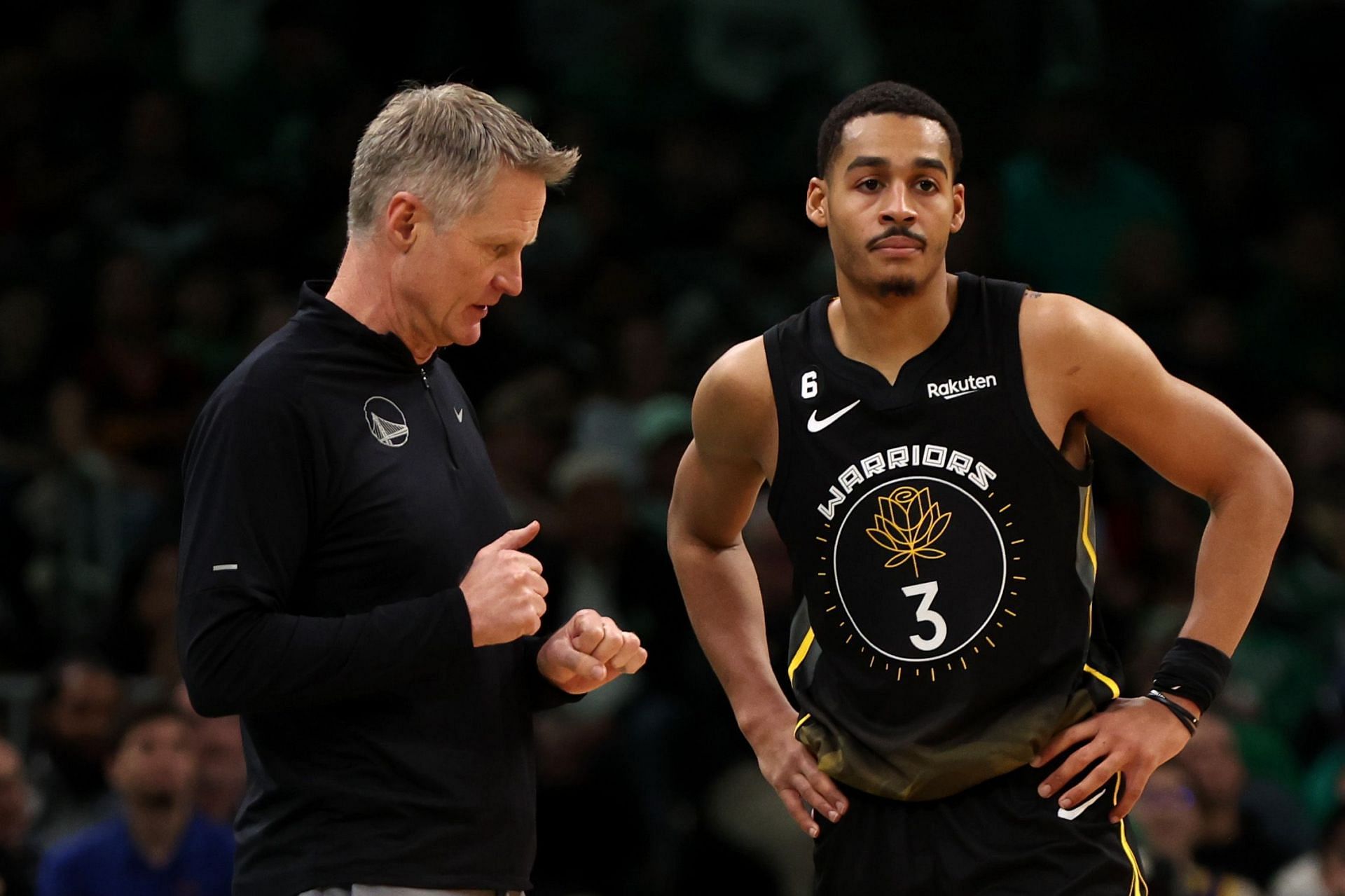 Golden State Warriors coach Steve Kerr and Warriors shooting guard Jordan Poole