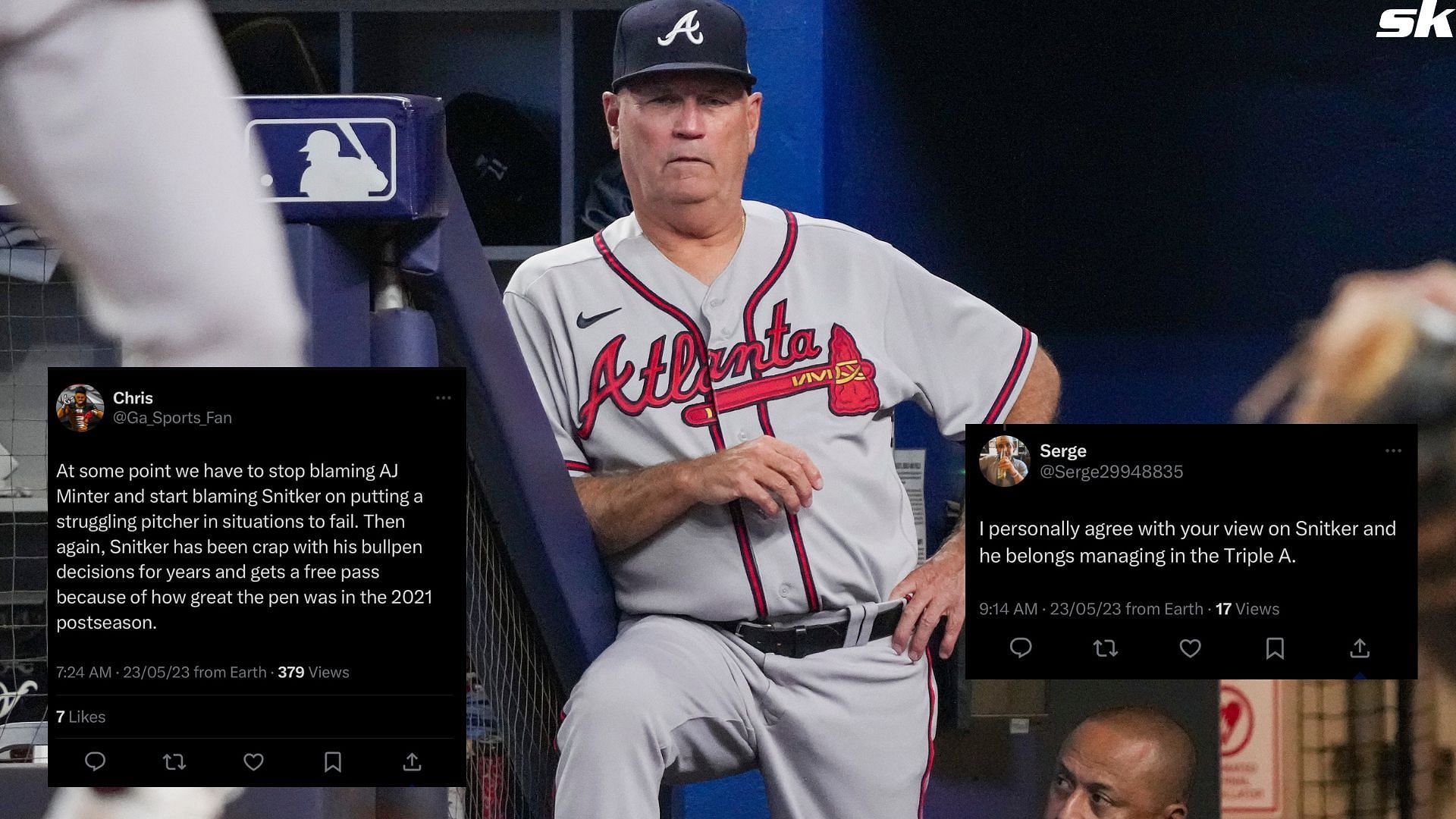 Atlanta Braves manager Brian Snitker looks on from the dugout during a game