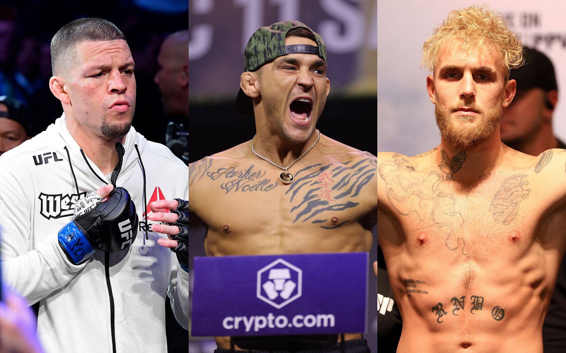 Nate Diaz (left), Dustin Poirier (middle), Jake Paul (right)