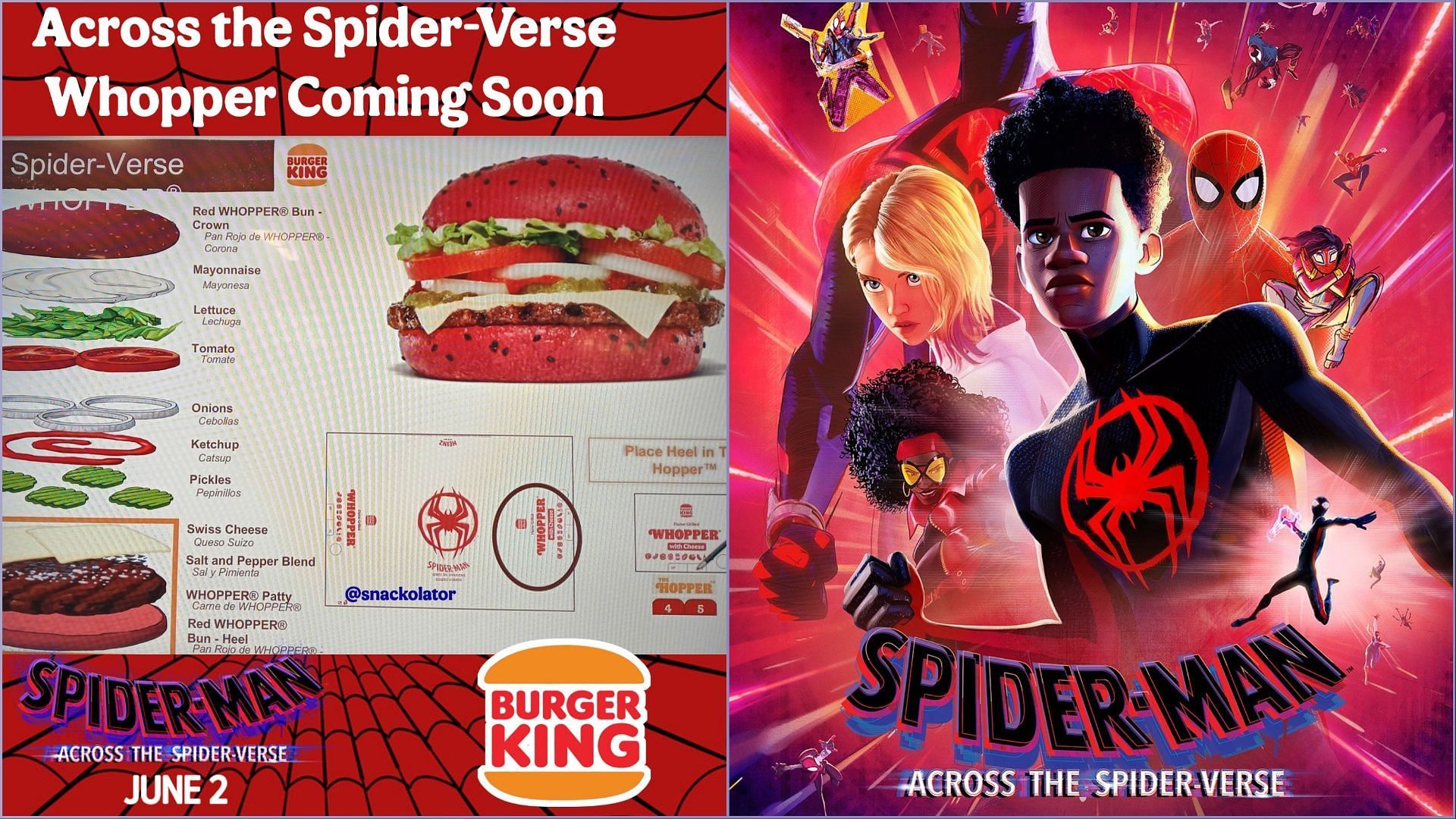 Burger King unveils new Spider-Verse Whopper to celebrate the upcoming release of Spider-Verse movie (Image via Sony Pictures/@ snackolator on Twitter)