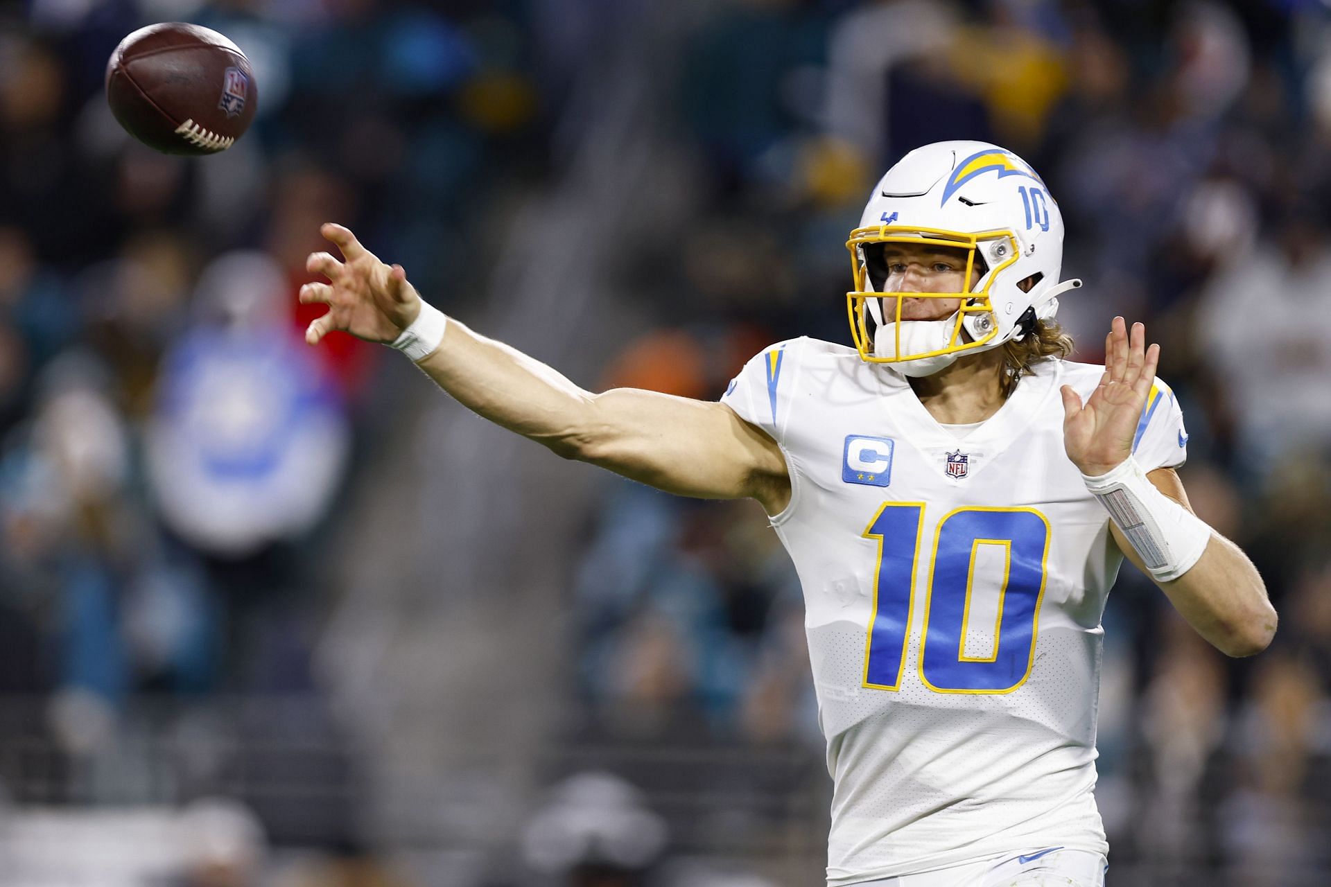 Justin Herbert during AFC Wild Card Playoffs - Los Angeles Chargers v Jacksonville Jaguars